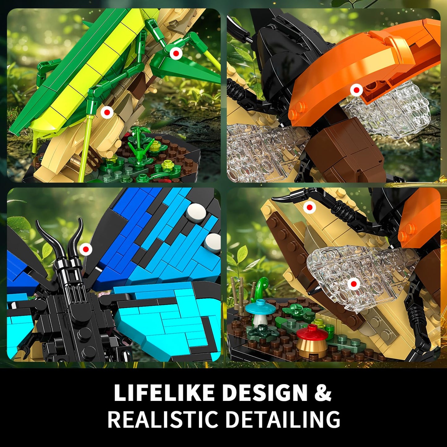 Insect Collection Building Toy Set, with Life-Size Blue Butterfly, Mantis and Beetle Display Models, Fun Gift for Nature Lovers, Bug Building Office Home Decorative, Gifts Ideal for Adults Kid 6+