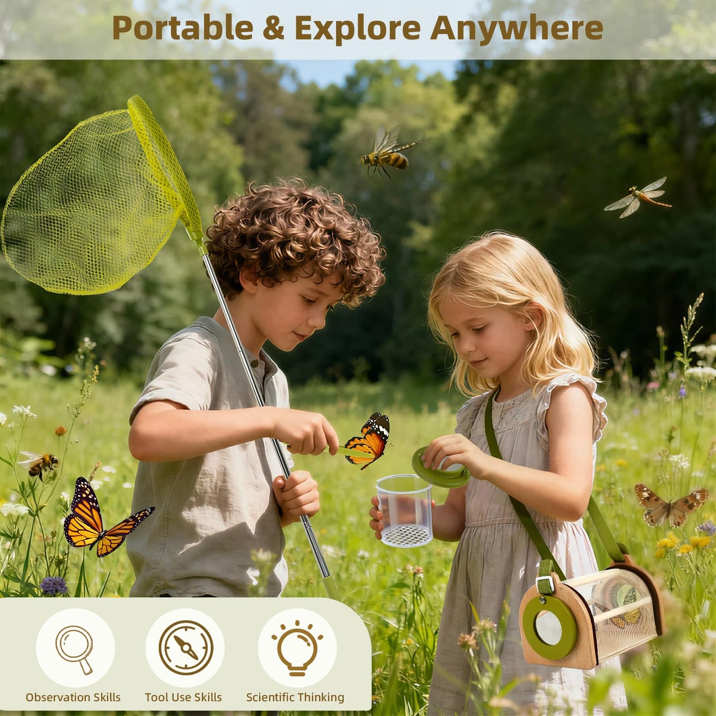 Wooden Bug Catcher Kit for Kids, Outdoor Explorer Toy Set with Butterfly Net, Magnifying Glass, Bug Container &Other Adventure Kit for Backyard Bugs Hunting and Camping Gifts for Boys Girls Age 3-12