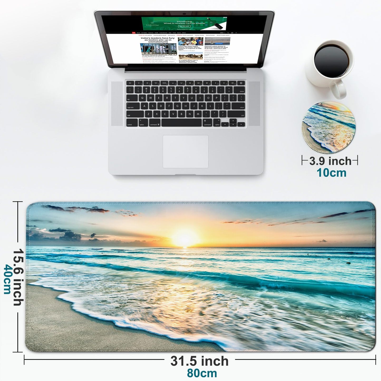 Large Gaming Mouse Pad with Coaster, Desk Matt for Desktop, Desk Pad, Mouse Pads Mat, Stitched Edges Big Extended Mousepad for Computer Keyboard Laptop Office Decor, 31.5'' x15.6''-Beach