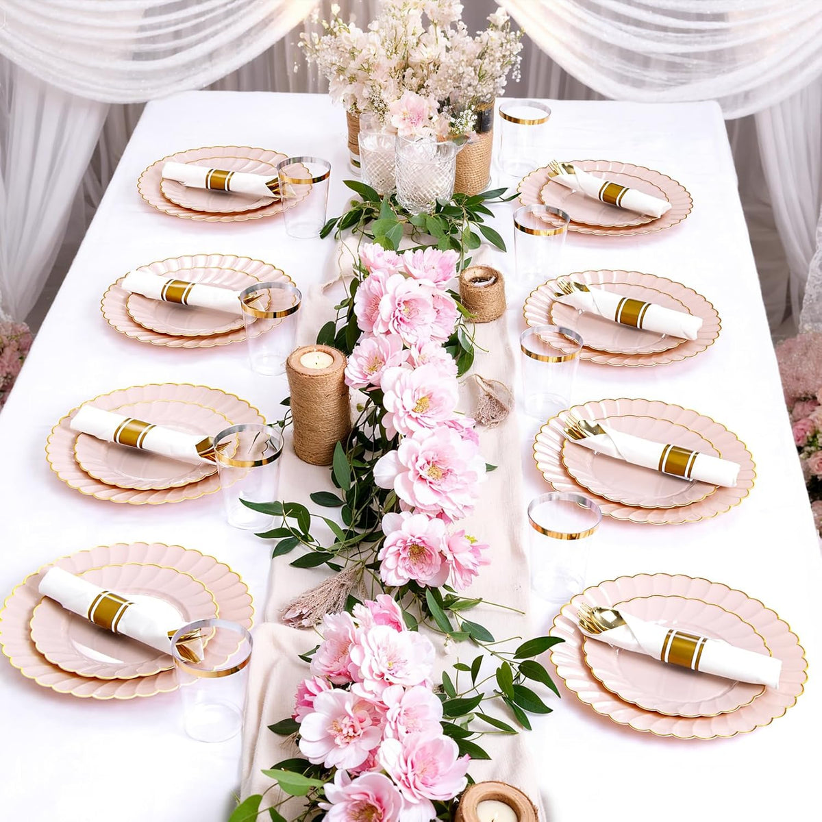 YOUBET 350PCS Pink Scalloped Plastic Plates - Pink and Gold Disposable Dinnerware Set Include 100 Plates, 150 Gold Silverware, 50 Cups, 50 Napkins for Wedding & Party