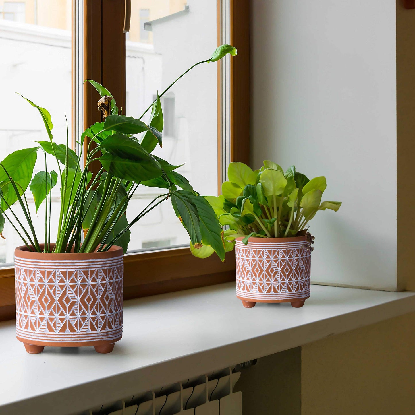 D'vine Dev Set of 2 Terracotta Planter Pots, 4 Inch & 6 Inch, Design Plants Pot with Drainage Hole, Savanna Weave, Terracotta/White, 31-953-G-1