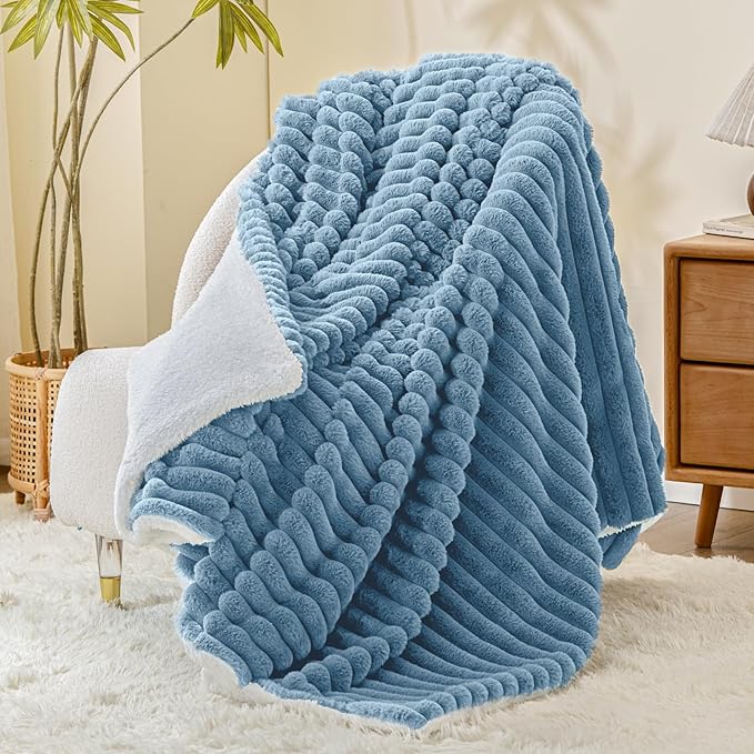 INFIIXSO Sherpa Throw Blanket for Couch - Super Soft & Warm Striped Fleece Blanket, Cozy Plush Fluffy Blanket All Season Use (Light Blue, 60x80 Inches)
