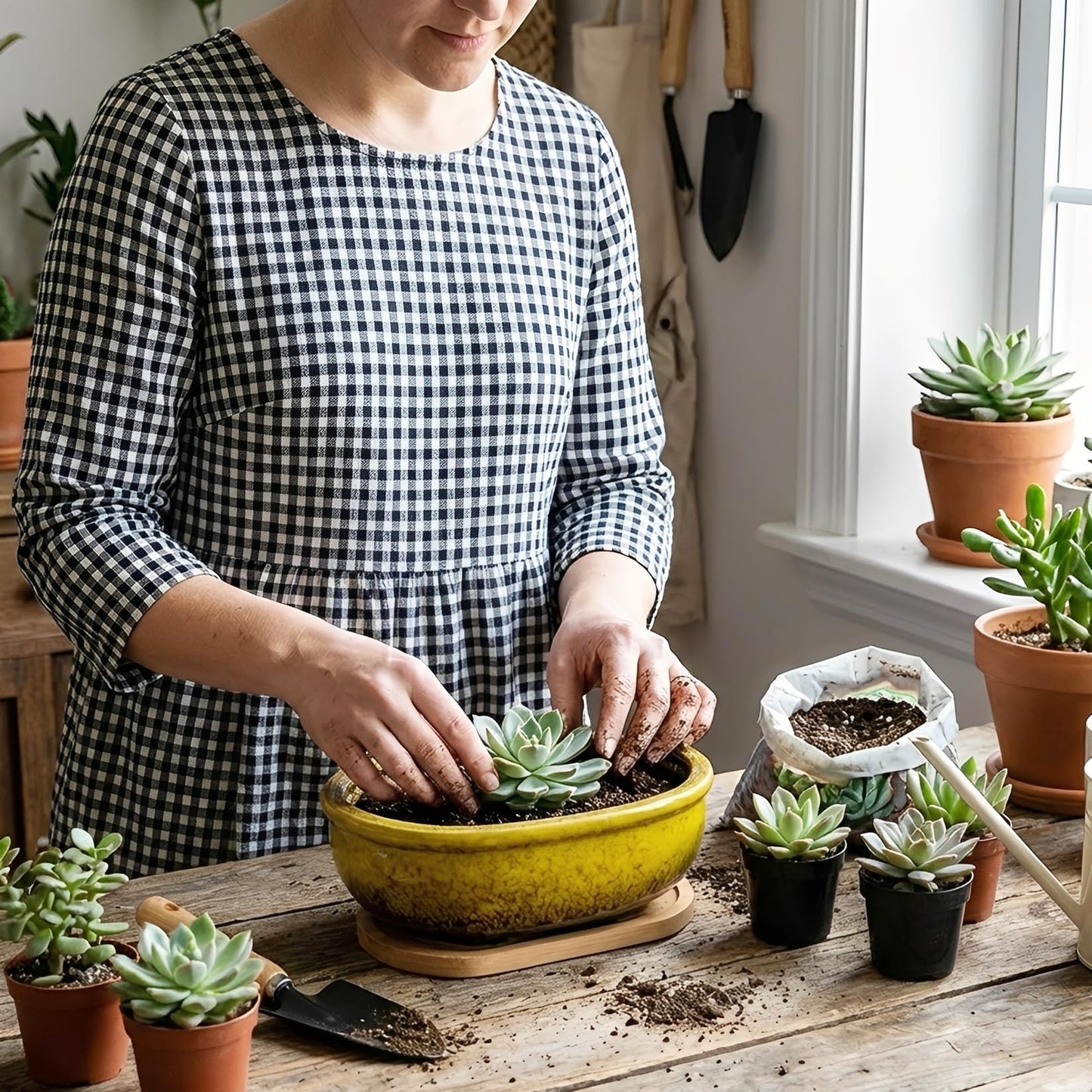 Succulent Pots, 1 Rectangle Planter + 1 Ceramic Bonsai Pot with Drain Tray, 2 Pack Large Shallow Succulent Planters for Indoor Plants, Round Cactus Flower Plant Pot for Desk Windowsill Decor