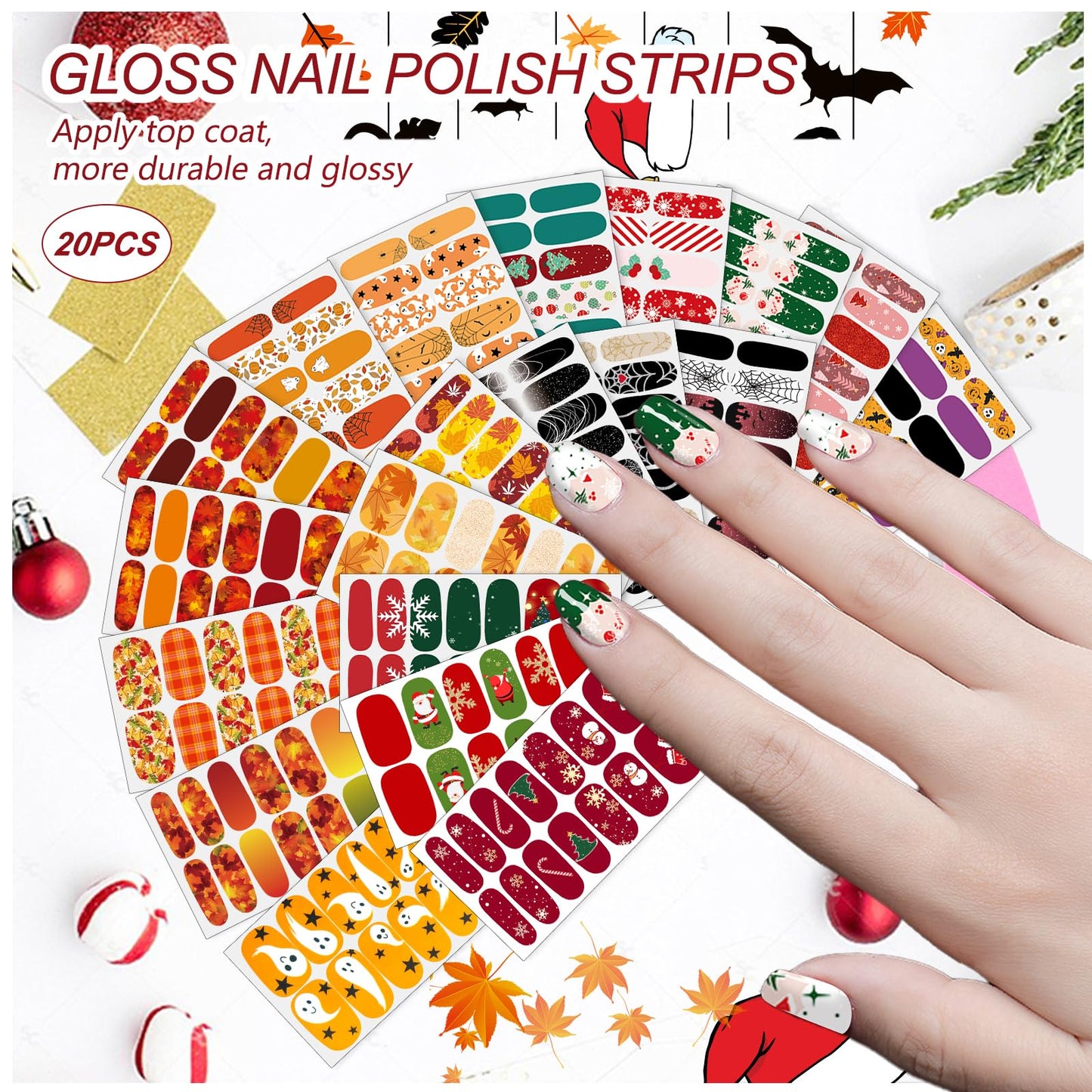 SILPECWEE 280 Pieces 20 Sheets Nail Stickers Full Nail Wraps (Halloween, Fall, Christmas) Nail Polish Strips Self Adhesive Gel Nails Strips Fingernail Manicure Sticker Decals for Women DIY Decoration