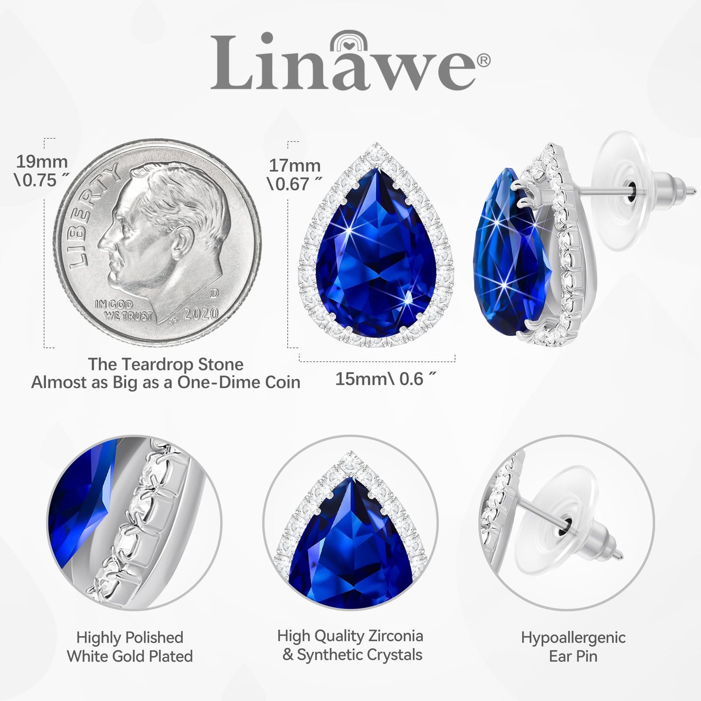 Linawe Sapphire Imitation Diamond Royal Blue Teardrop Stud Earrings for Women, Silver White Gold Cubic Zirconia Navy Blue Statement Rhinestone Crystal Earrings Studs Set