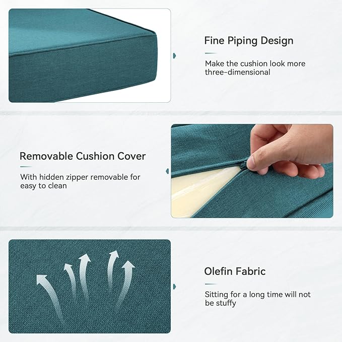 Luxury 6" Outdoor Cushions for Patio Furniture, 24x24x6" Thick Seat Cushion Set of 7, Fade Resistant Couch Chair Replacement Cushions High Density Deep Wicker Chair Cushion w/ Removable Cover, Green