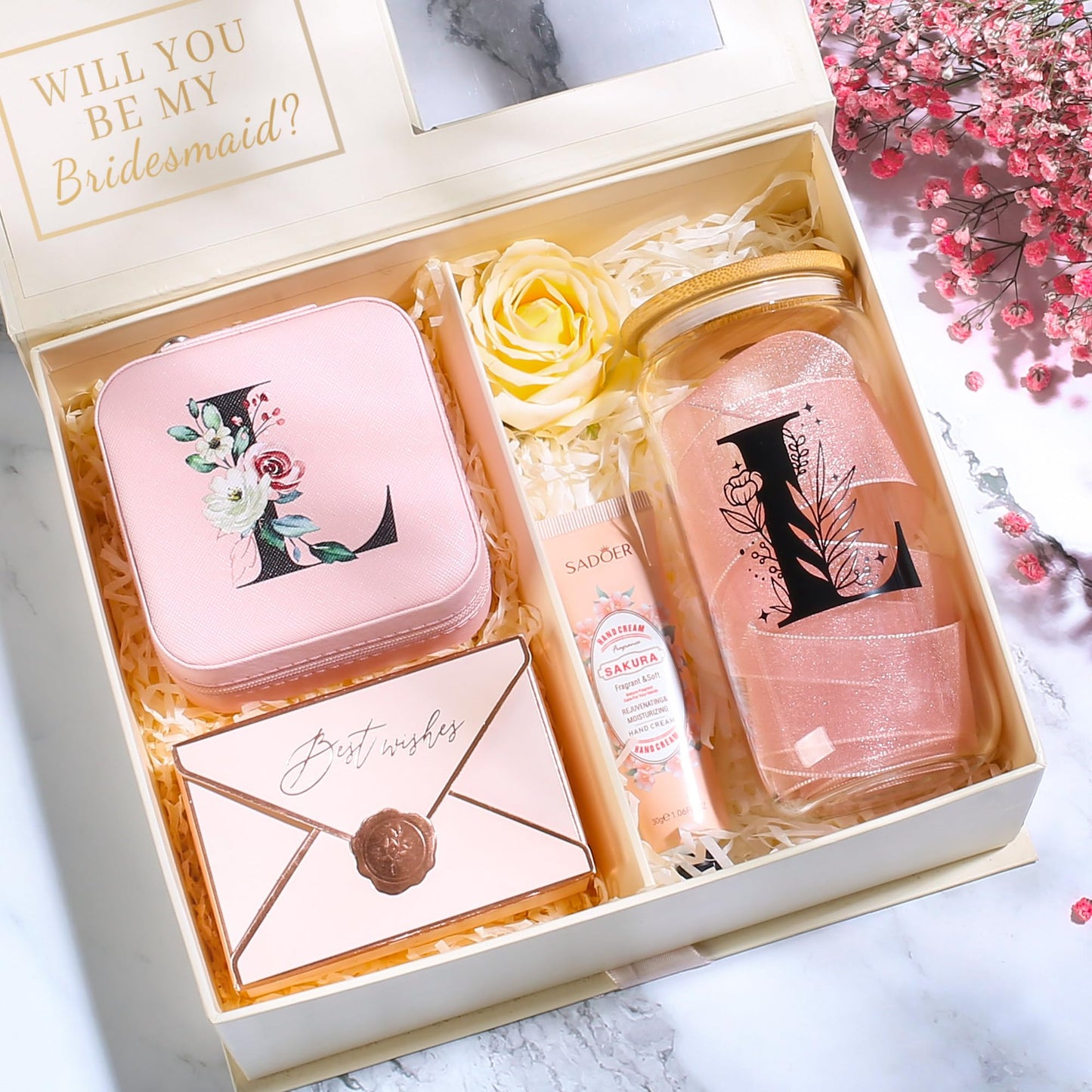 AYGXU Jewelry Box & Glass Set, Pink, Personalized Initial, Small Travel Case, Graduation Gift for Girls