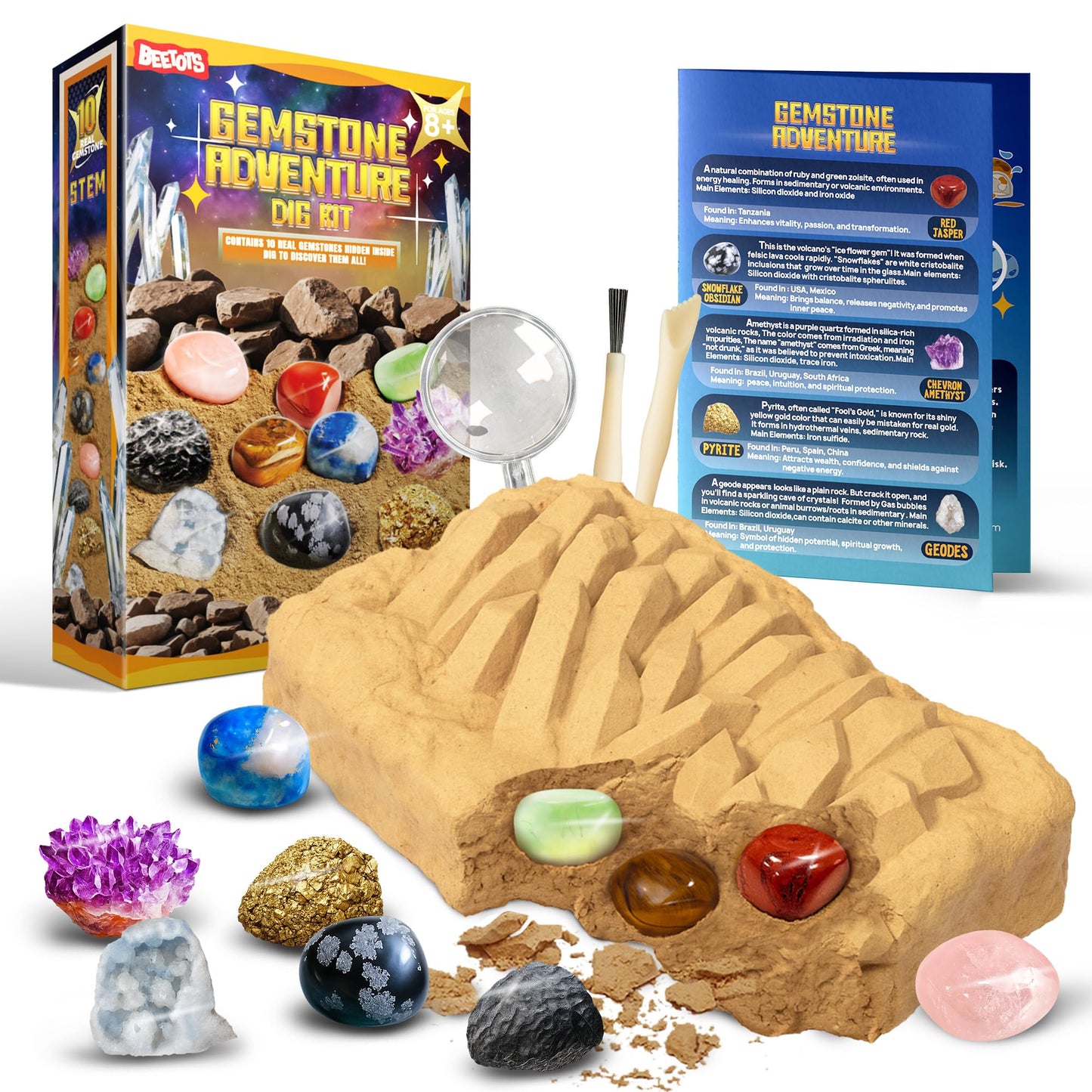 Beetots Gemstone Dig Kit for Kids with 2 Tools, Excavate 10 Real Gems, STEM Science Mining Toy, Educational Gift for Boys and Girls Ages 8-12