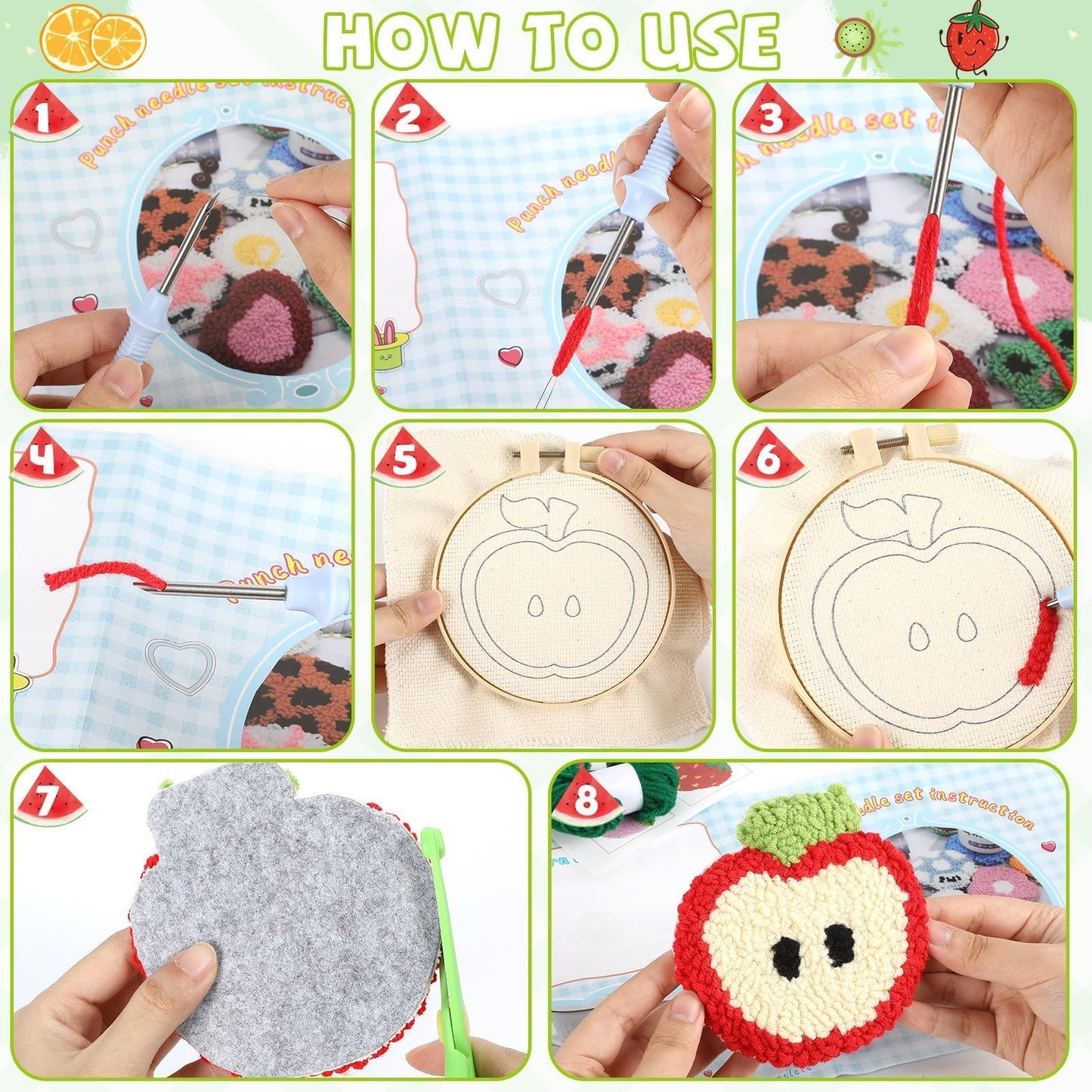 Justforjoyful 6 Set Punch Needle Embroidery Coasters Craft Kits Punch Needle Refrigerator Magnets Kit Tool Threader Fabric for Christmas Winter Beginners Adults DIY Handmade Gifts Party(Fruit)