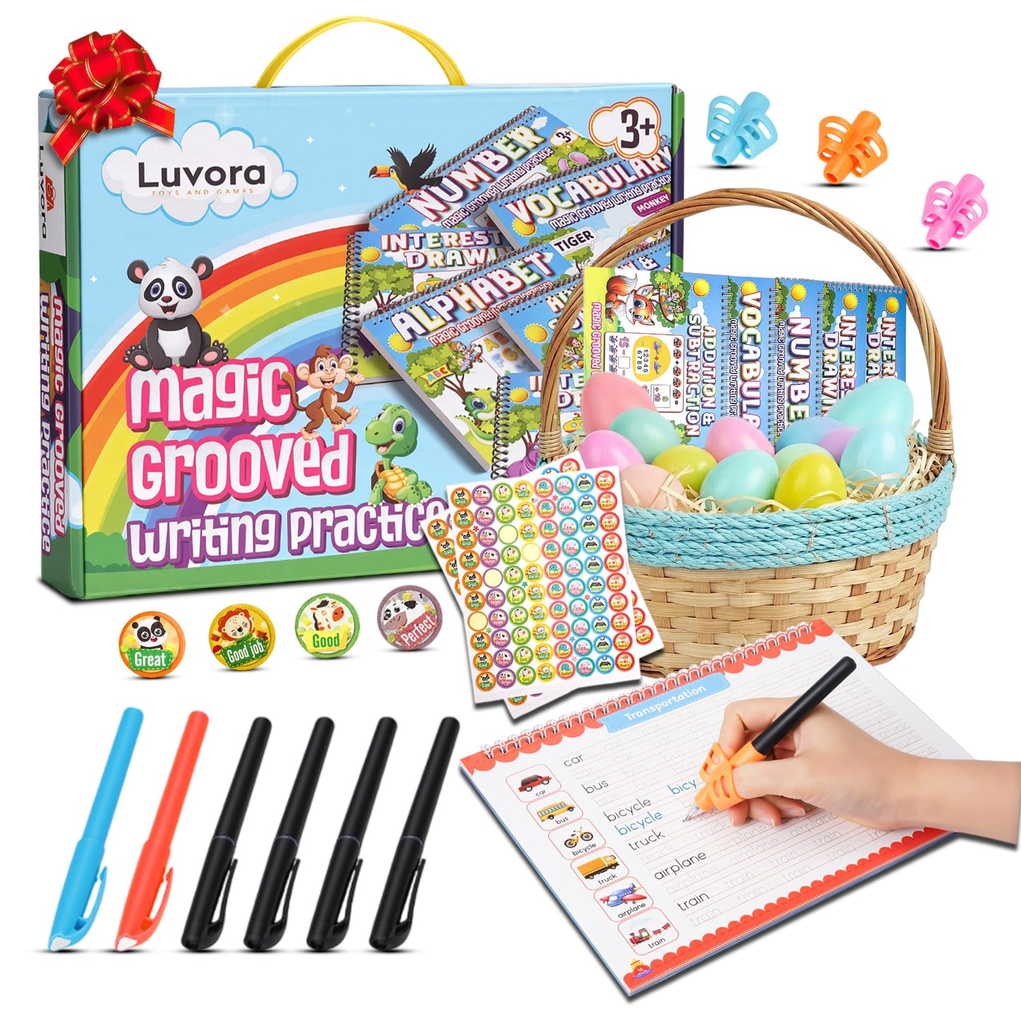 LUVORA Magic Grooved Writing Practice for Kids Ages 3-8, Reusable Handwriting Practice Books Set (6 Books) with Disappearing Ink Pens, Letter/Number Tracing, Preschool & Kindergarten Learning Kit