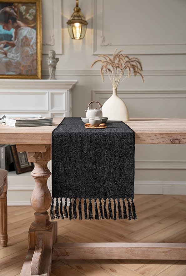ZeeMart Black Table Runners 60 Inches Long, Burlap Linen Style Rustic Farmhouse Table Runner, Boho Woven Dining Table Runner, 13x60 Inches, Black