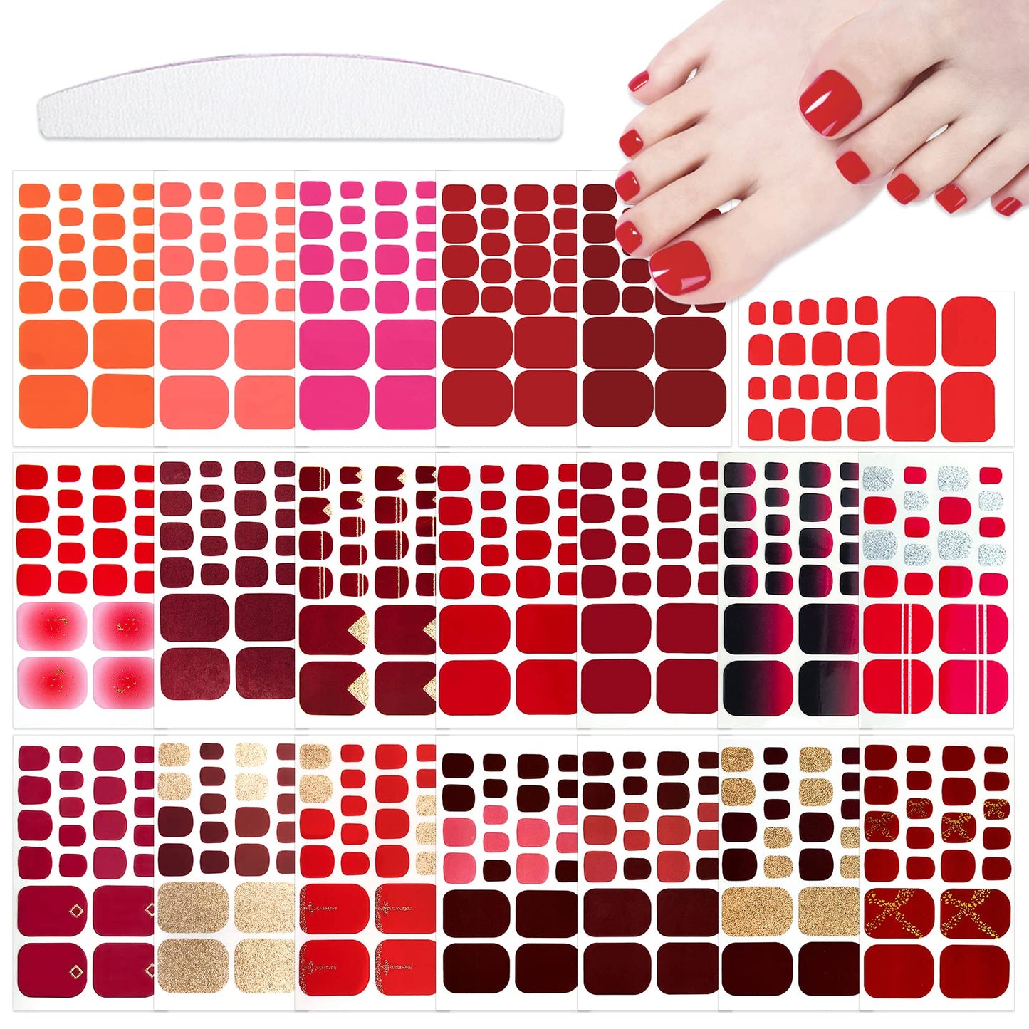YECIRALA 440 Pcs Red Solid Toe Nail Polish Strips, 20 Sheets Full Cover Toenail Stickers Self-Adhesive Nail Wraps for Women Girls DIY Nail Art Toenails Stickers Stick On Nails Polish Wraps