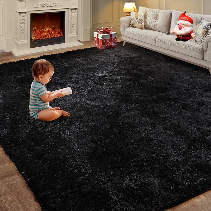 Large Shag Rugs 9X12, Plush Fuzzy Area Rugs for Living Room, Large Shag Fluffy Bedroom Carpet, Furry Rugs for Girls Boys Kids Room, Extra Large Fuzzy Rug, Shag Carpet, Black
