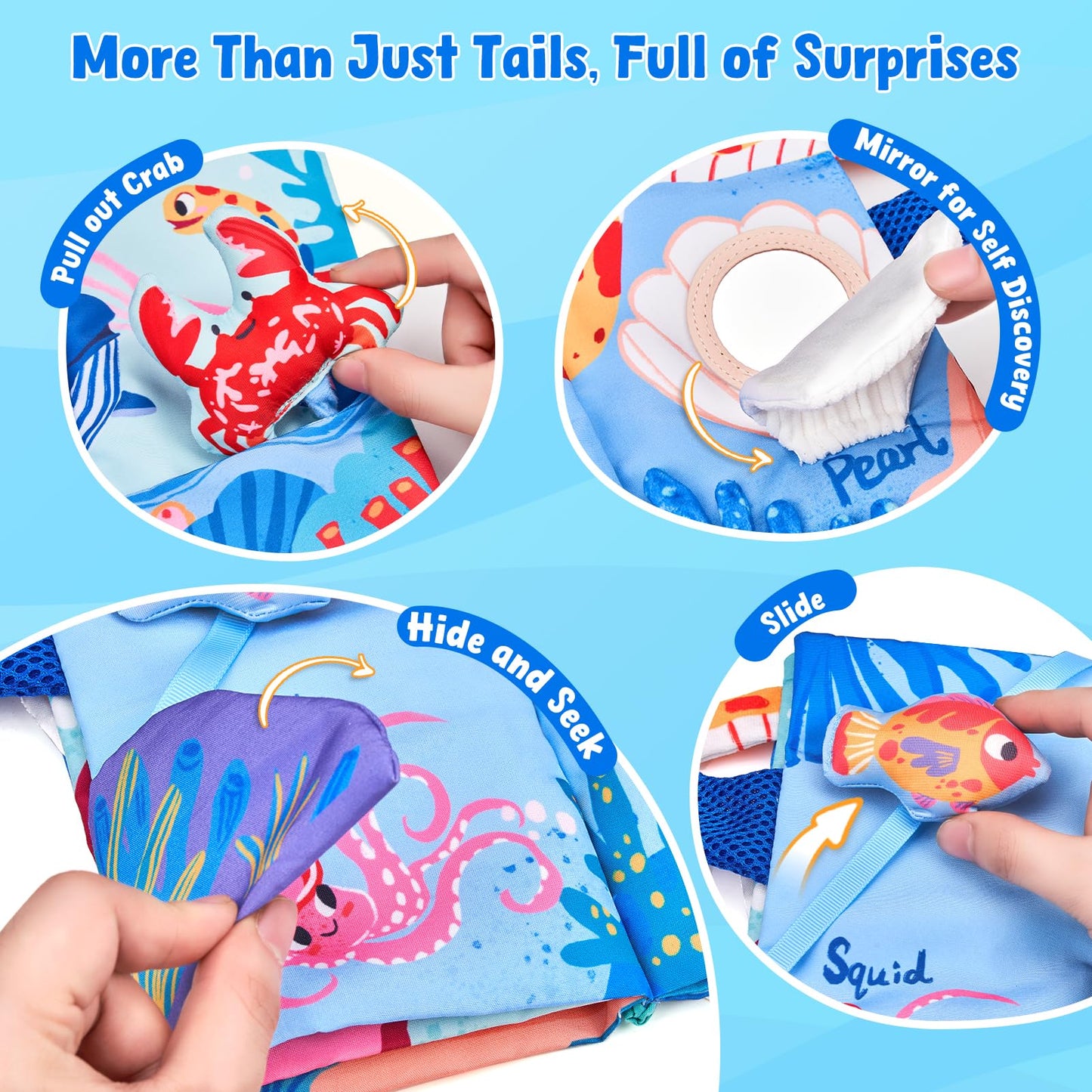 JoyCat Baby Books 0-6-12 Months - Ocean Tummy Time Toys Mirror - Montessori Sensory Activity Cloth Book with 3D Crab & Fish - Newborn Easter Basket Stuffers