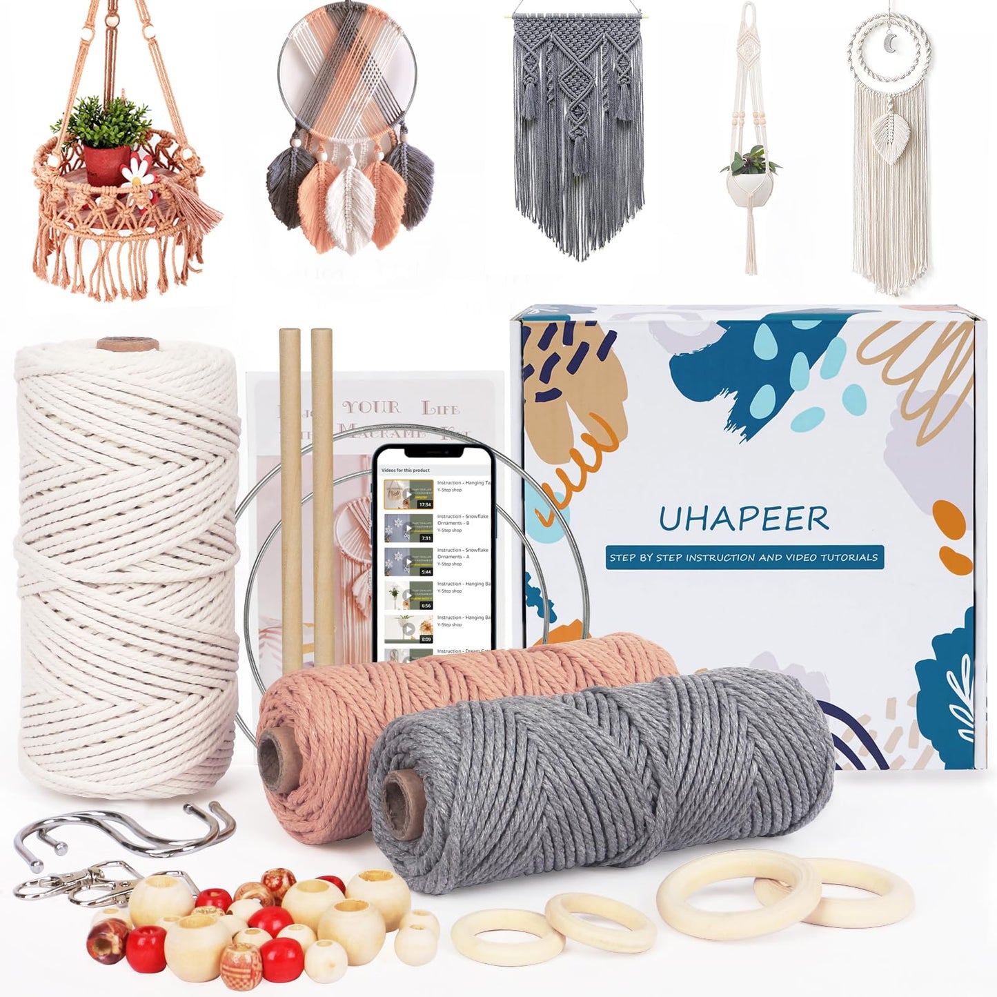 UHAPEER Macrame Kits for Adults Beginners with 656 Feet 3 mm Macrame Cotton Cord, DIY Macrame Plant Hanger Kit with Macrame Supplies and Instructions, Macrame Meads, Wooden Rings, Dream Catcher Rings