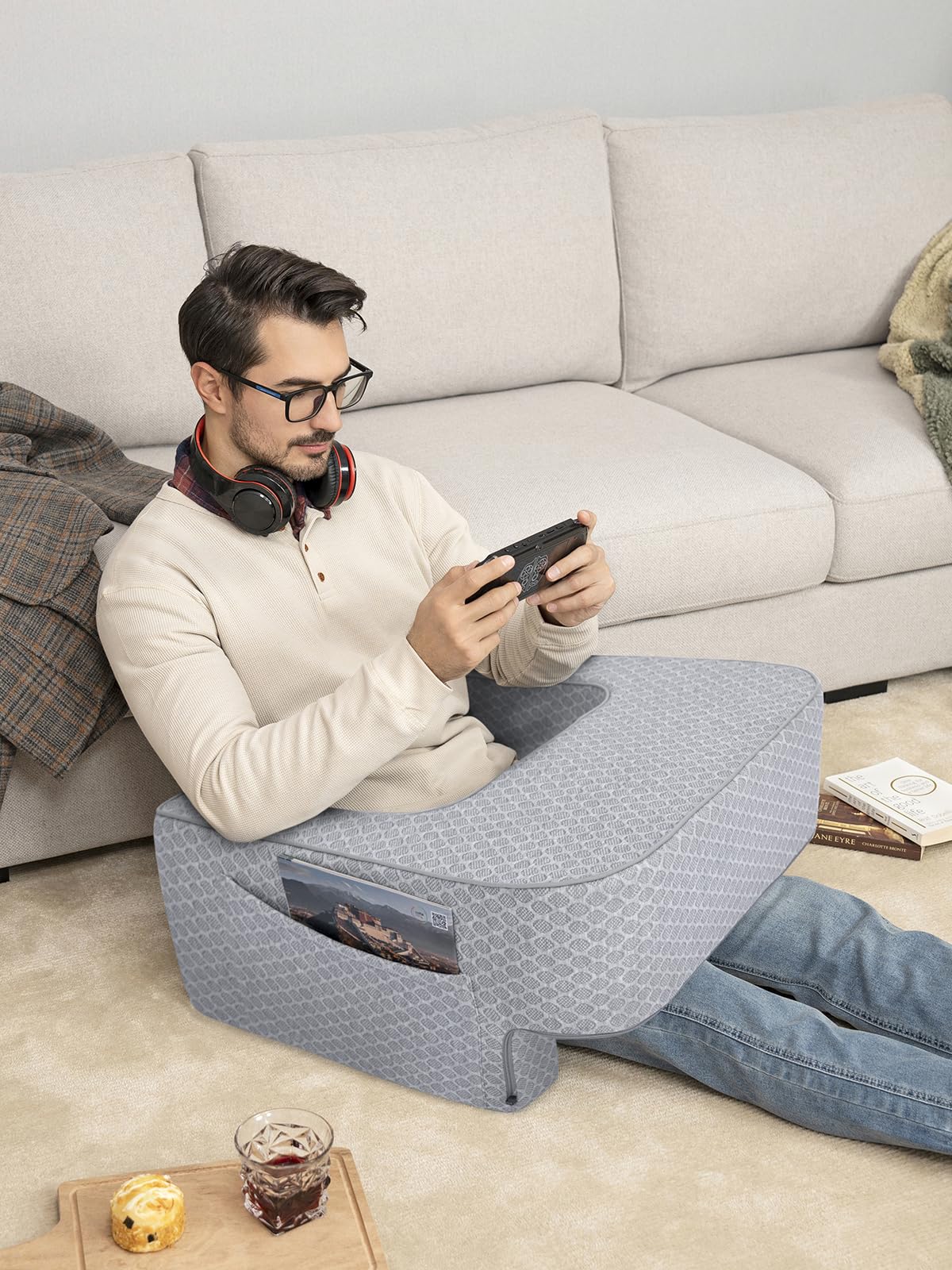 Comfyt Reading Pillow with Foam, Large Lap Desk Pillow with Pocket Arm Rest, Gaming Pillow in Bed and Floor, Sofa Back Support for Sitting Up Relaxation in Bed, with Washable Cover