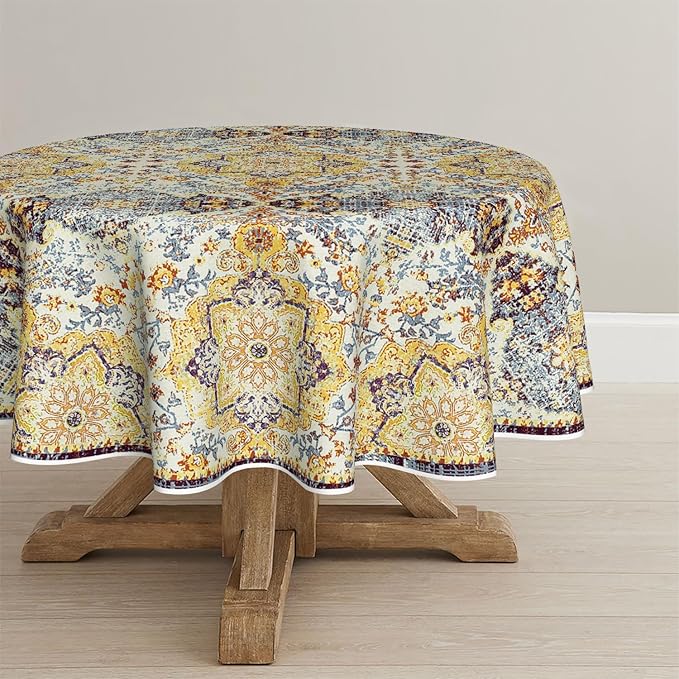 Horaldaily Boho Bohemia Style Tablecloth 70×70 Inch Round, Yellow Vintage Country Rustic Farmhouse Magical Fall Orange Washable Seasonal Table Cover for Party Picnic Dinner Decor