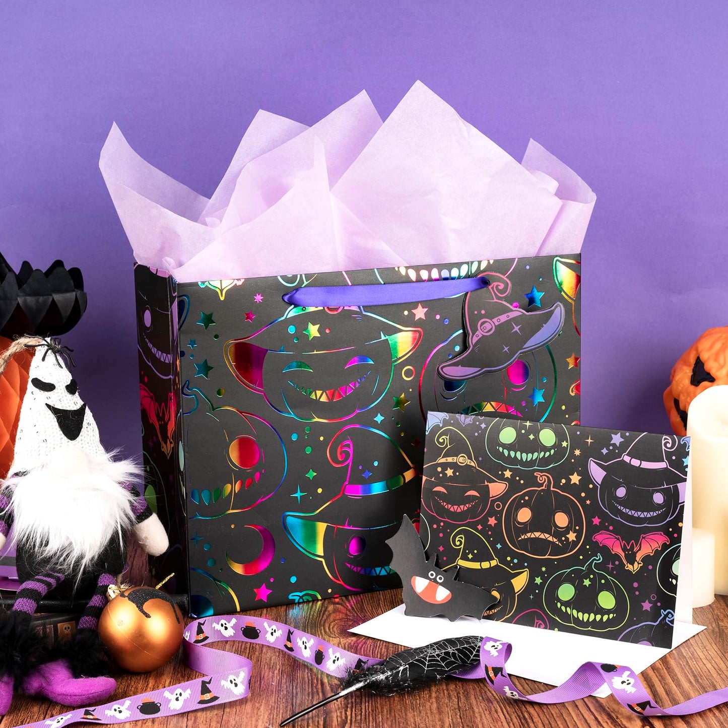 LeZakaa Halloween Wrapping Paper Roll 13" Gift Bag with Tissue Paper, Gift Tag, and Card, Evil Pumpkin Fluorescent Black Design
