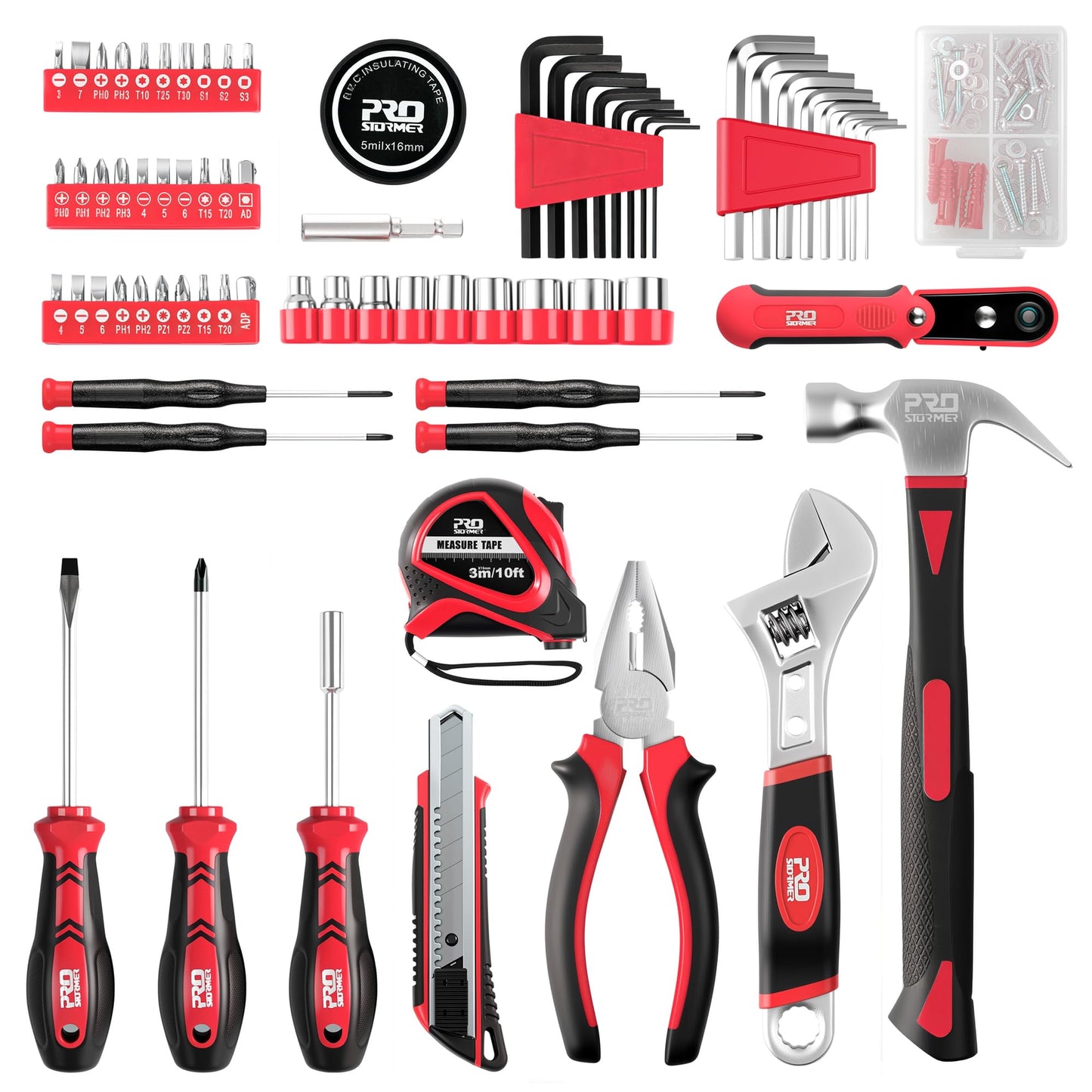 Prostormer 160-Piece Home Repair Tool Set, General Household Hand Tool Kit with Toolbox Storage Case for House, Garage, College Dorm and Office (Red)