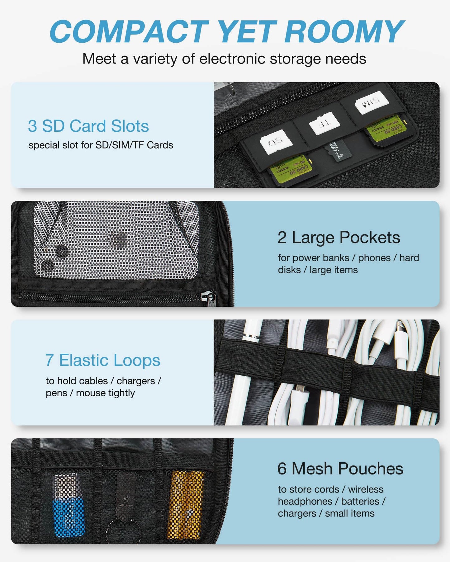 BAGSMART Large Electronics Travel Organizer Case, Tech Accessories Cord Storage Bag for Phone, Power Bank, SD Card, Cables, Grey
