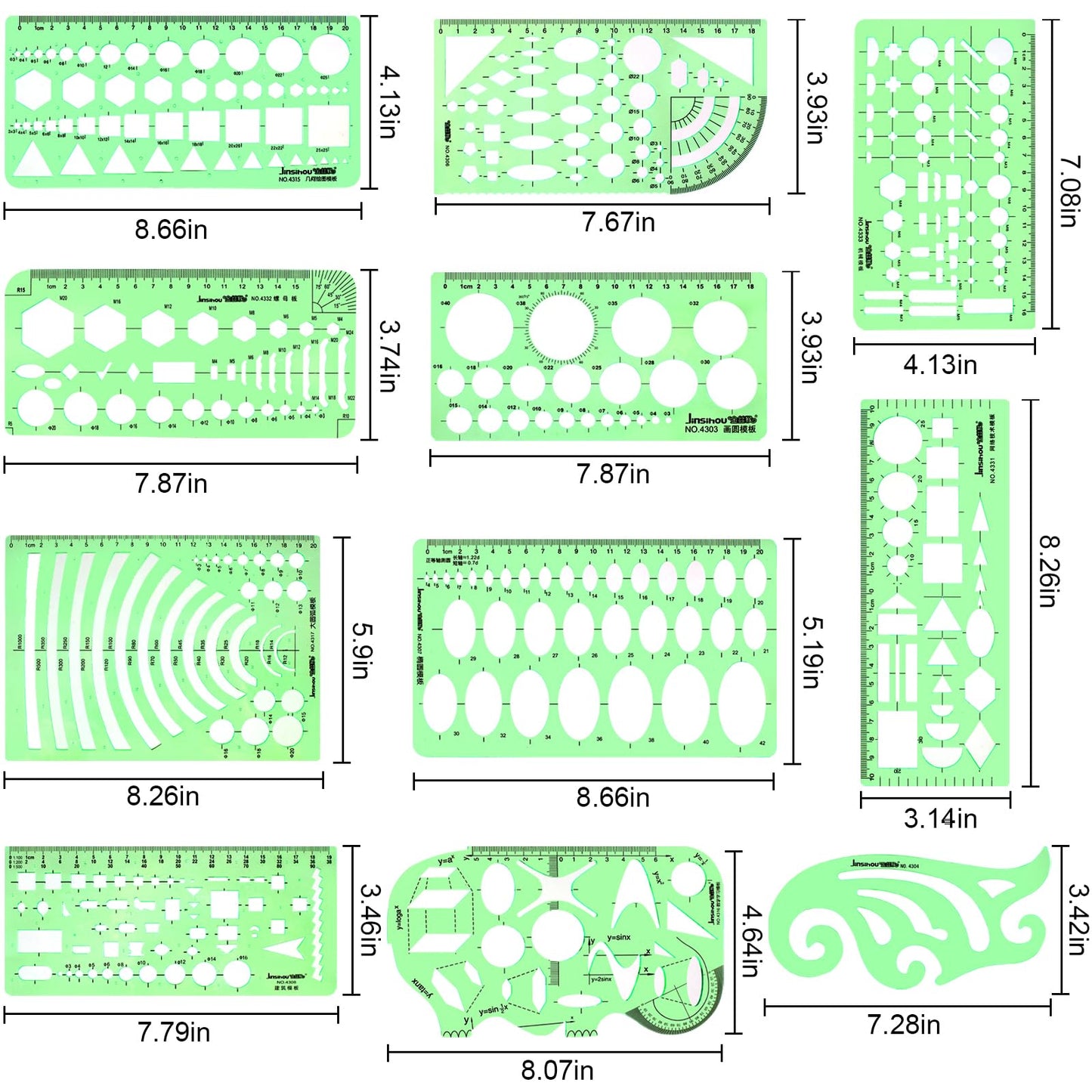 11PCS Geometric Drawings Templates, Drafting Stencils Measuring Tools, Transparent Green Plastic Ruler, for Architecture, Office, Studying, Designing