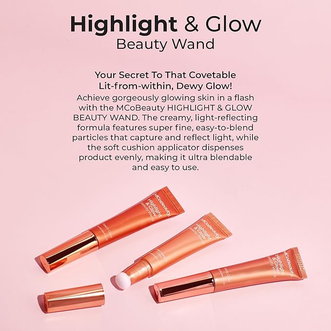 MCoBeauty - Highlight and Glow Beauty Wand - Buildable Liquid Highlighter - Champagne Shade - Liquid Cream with Cushion Applicator for Soft, Radiant Finish - Highlighters Makeup