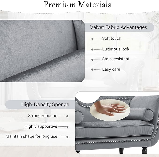 Christopher Knight Home Aurora Velvet Chaise Lounge Indoor with 2 Bolster Pillows, Upholstery Entryway Bench with Nailhead Trim & Curved Arms, End of Bed Bench Ottoman and Wooden Legs, Grey