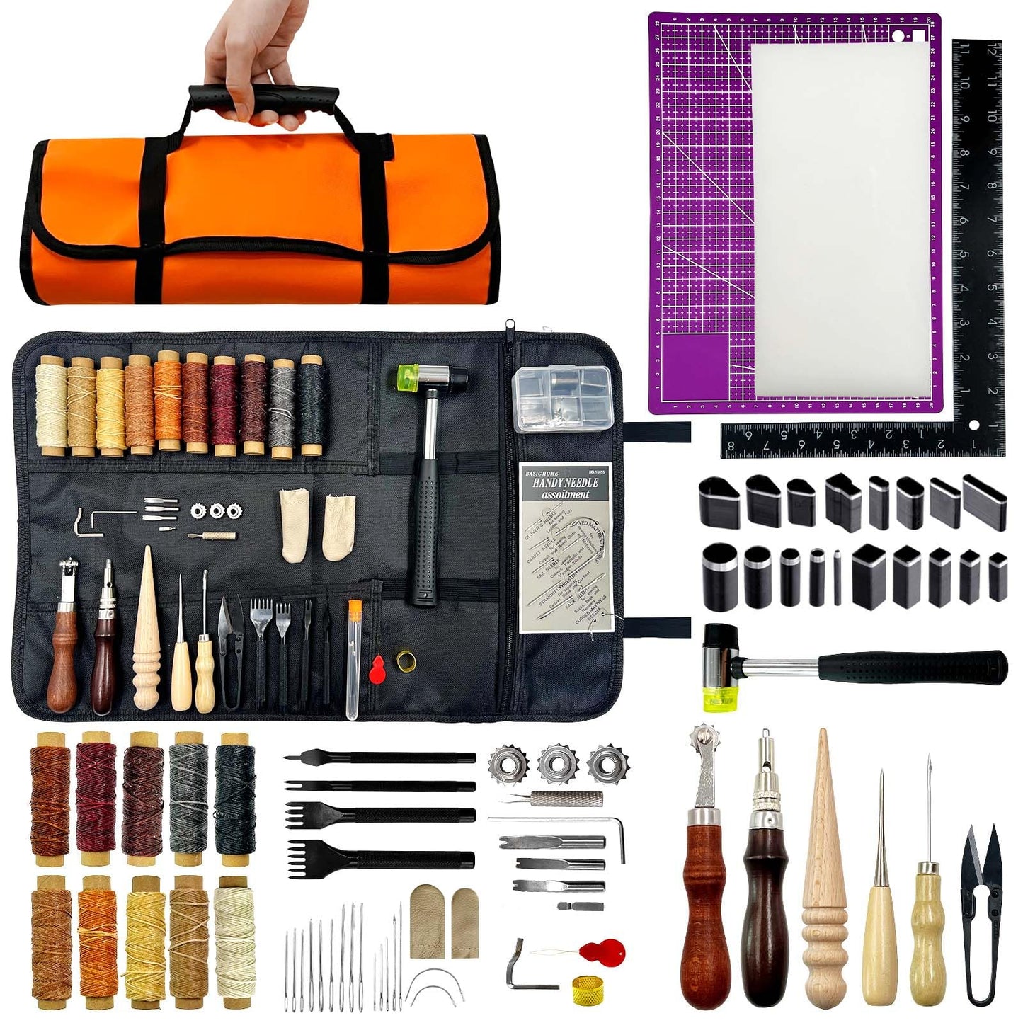 Daily Treasures 73pcs Leather Craft Kits with Portable Handbag, Leather Working Kit with 18 Punch Tool,Tracing Wheel,7 in 1 Groover,Awl,Waxed Thread,Needles,Tools for DIY Polishing Sewing Cutting