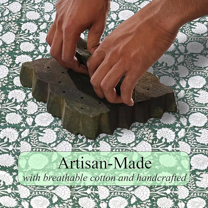 Ridhi Hand Block Print Turquoise Moss Green Rectangle Cotton Tablecloth 120" x 80" Reusable Table Cover Decorative Everyday Use for Dining, Farmhouse, Home Gift for Spring, Easter, Valentine