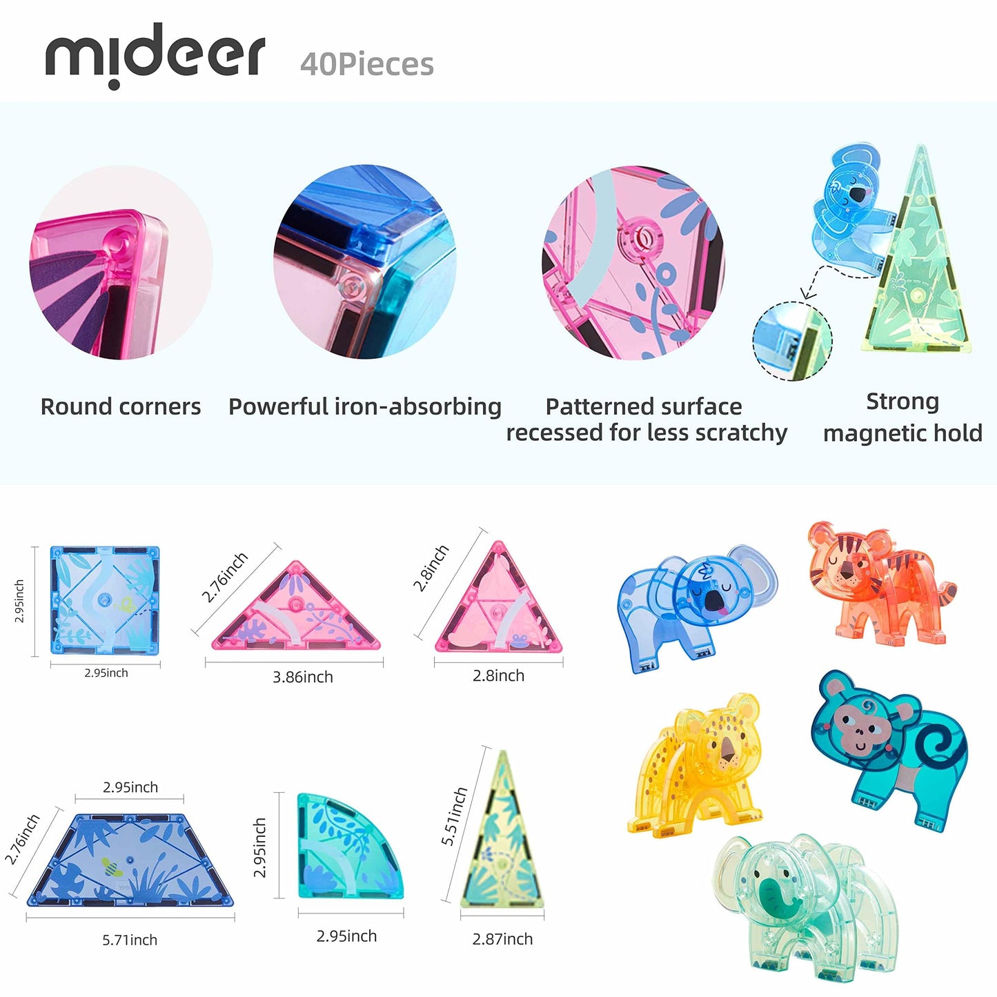 MiDeer Animal Magnetic Tiles 40 Pcs, Magnetic Building Blocks for Toddler 3-5, Educational Stack Tile Construction Magnet Block STEM Learning Toy for Kids Age 3-5 4-8