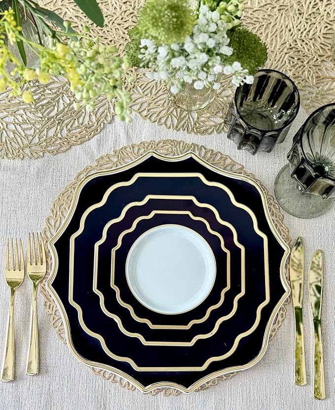 " OCCASIONS " 40 Pieces 13.25'' Scalloped Disposable/Reusable Plastic Charger Plates for Wedding, (Scalloped Imperial Black & Gold)