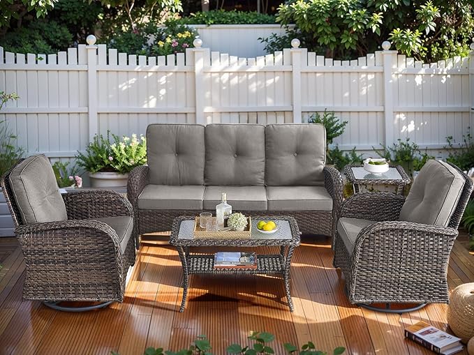 HUMMUH 5-Piece Patio Furniture PE Wicker Outdoor Conversation Set,All-Weather Rattan Swivel Rocker Chairs with Outdoor Couch Tables for Backyard,Poolside,Deck
