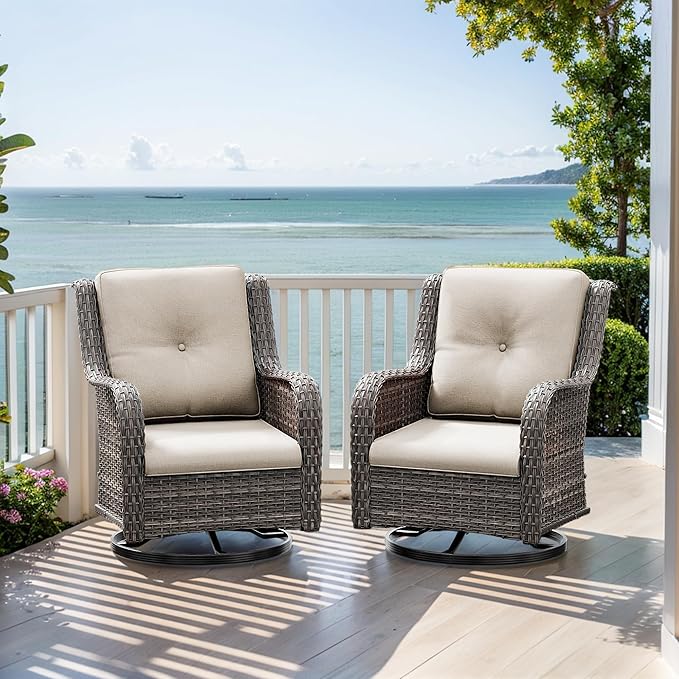 Outdoor Swivel Rocker Patio Chairs Set of 2 - Outdoor Wicker Patio Conversation Sets 2 Pieces with Olefin Fabric Cushions Suitable for Backyard Deck and Porch, Beige