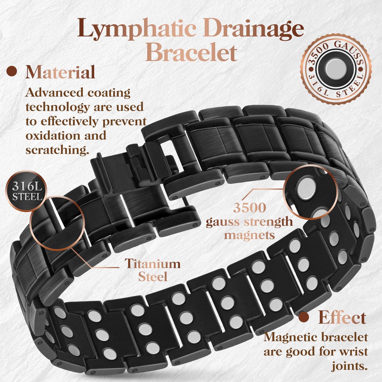 Mahnco Copper Bracelet for Men with Triple-Row Strong Magnets Magnetic Bracelets & Lymphatic Drainage Ring Set with Adjustable Sizing Tool, Magnetic Jewelry Gift (Black)