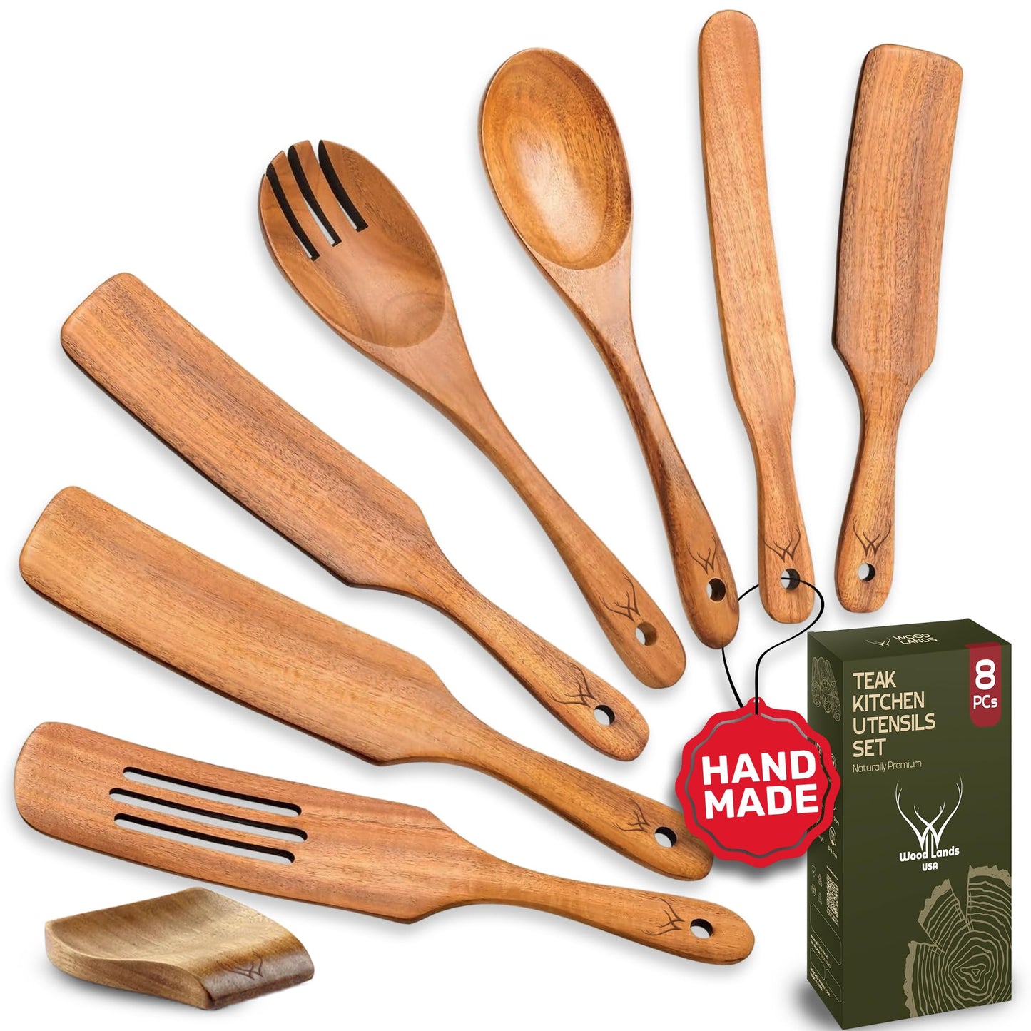 8PCS Wooden Spurtle Set for Cooking – Handmade Premium Wooden Spatula & Turner Set, Nonstick Friendly Flat Frying Utensils with Long Comfortable Handles, Durable Natural Wood Kitchen Tools