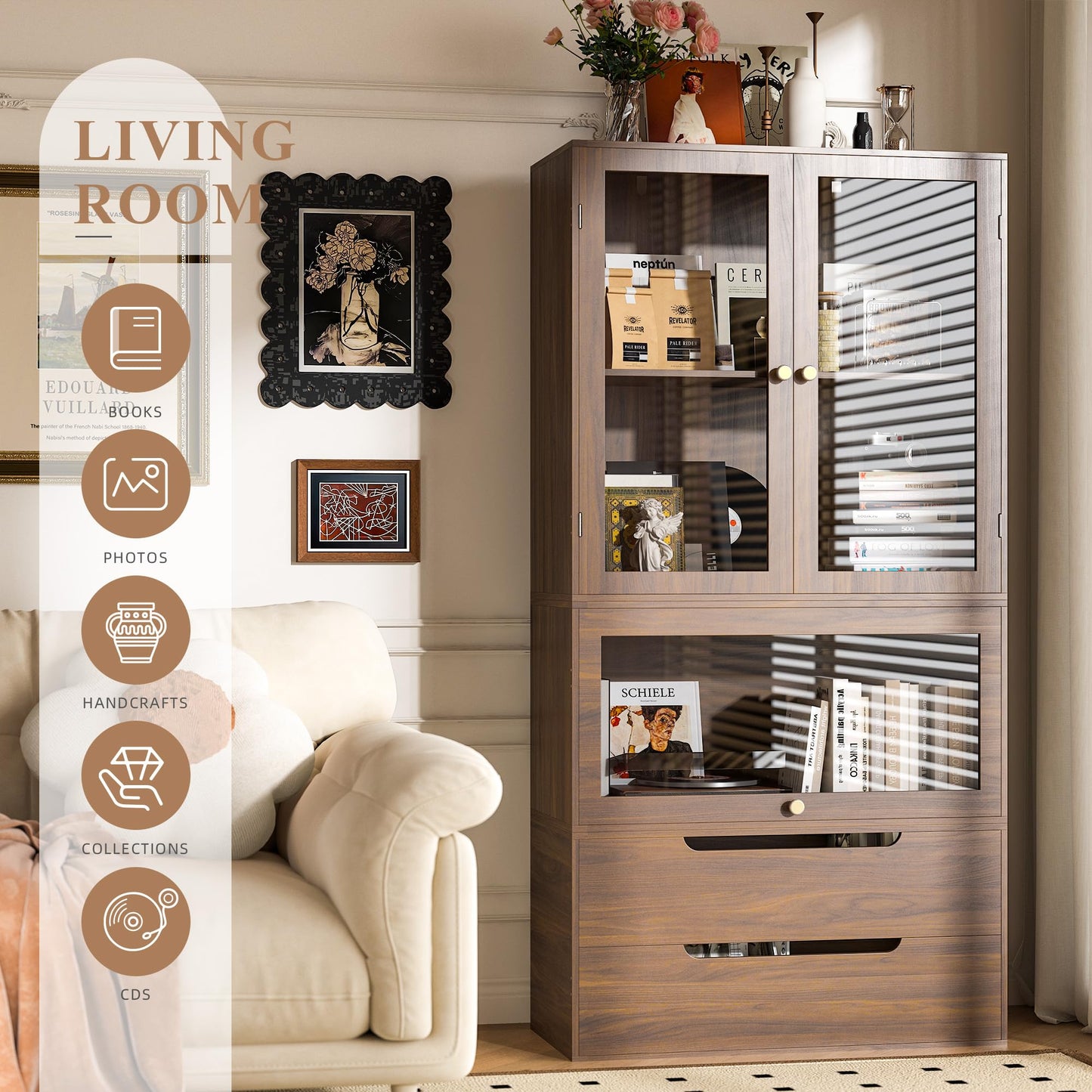 Easyego 63‘’Storage Cabinet,Sideboard Buffet Cabinet with Glass Doors and Drawers,Modern Wood Coffee Bar for Kitchen, Living Room,Dining Room，Entryway-Walnut