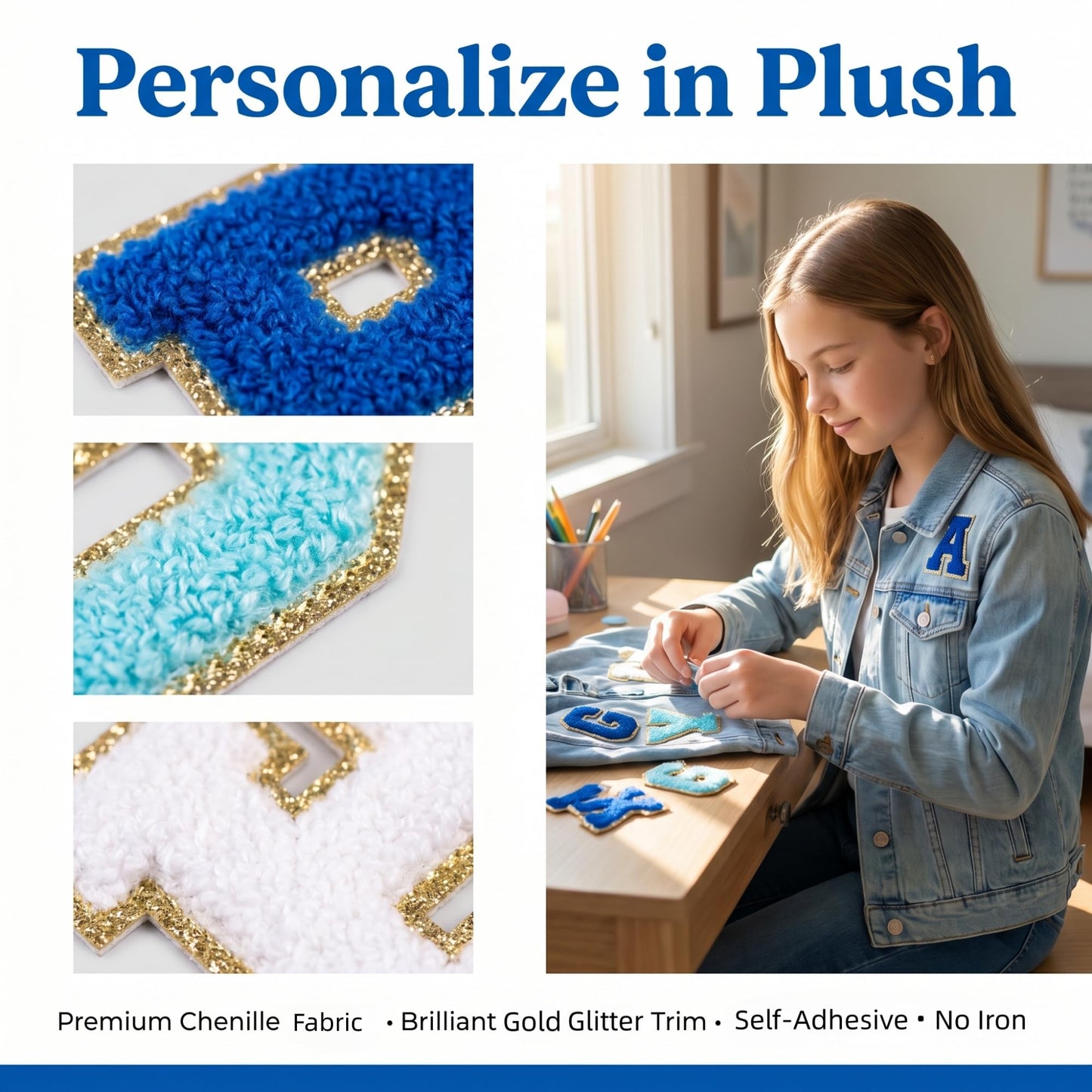 104 Pcs Self Adhesive Chenille Letters & 24 Iron On Stars Kit – Blue Ombre Varsity Letter Patches for Clothes, Backpacks, Hats, DIY Crafts (2.17", Navy/Sky/Light Blue/White)