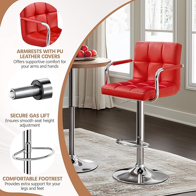 Yaheetech Bart Stools Set of 4, PU Leather Adjustable Barstools with Armrest, Counter Height Stool Chairs with Thickened Seat Cushion for Kitchen Island, Red
