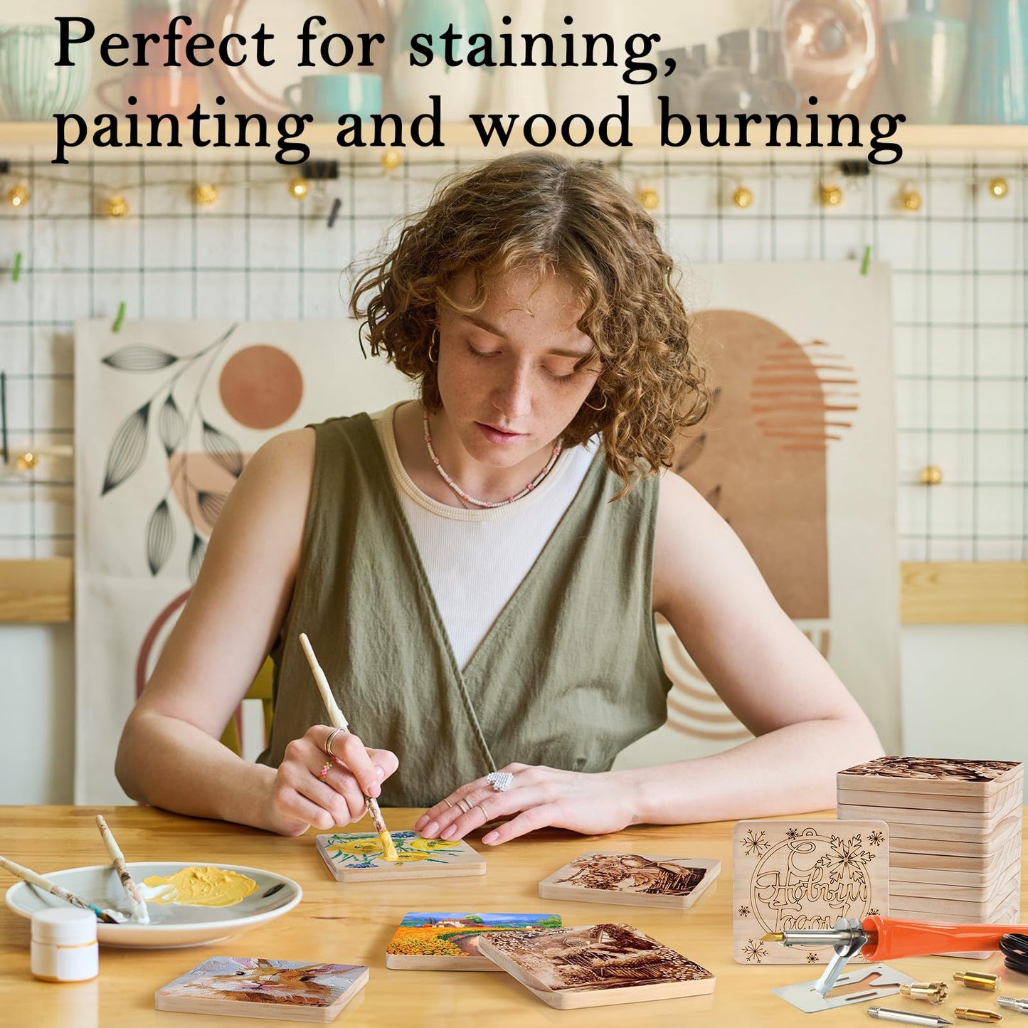 72 Pieces Unfinished Wood Coasters, GOH DODD 4 Inch Wooden Slices Blanks Bulk Set with Soft Foot Pads for Drinks Crafts Laser Engraving Wood Burning Staining Drawing Painting Decoupage Wedding, Square