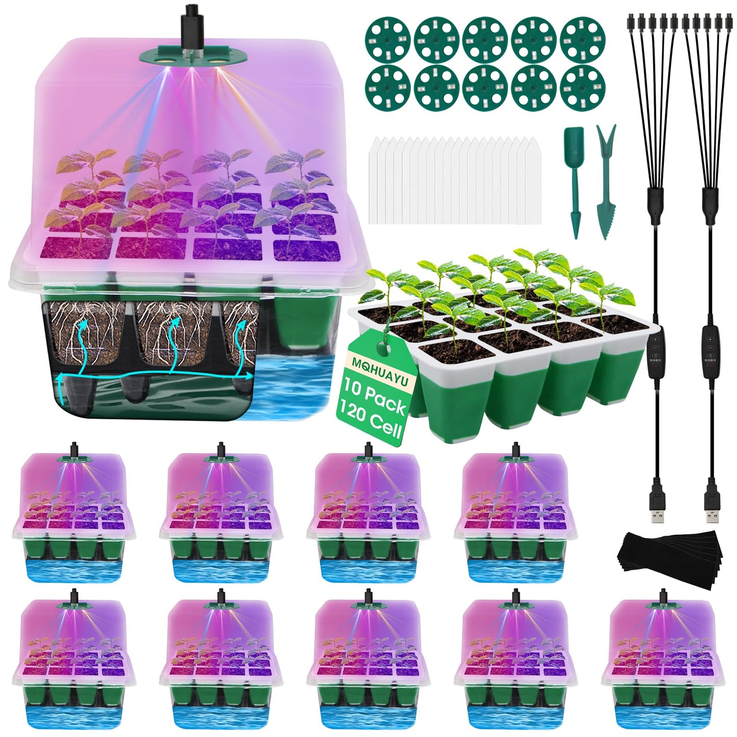 MQHUAYU Self Watering Seed Starter Tray with Grow Light, 10-Pack 120-Cell Reusable Seed Starter Kit with Soft Silicone, Plant Germination Trays with Humidity Dome for Seeding Planting Growing