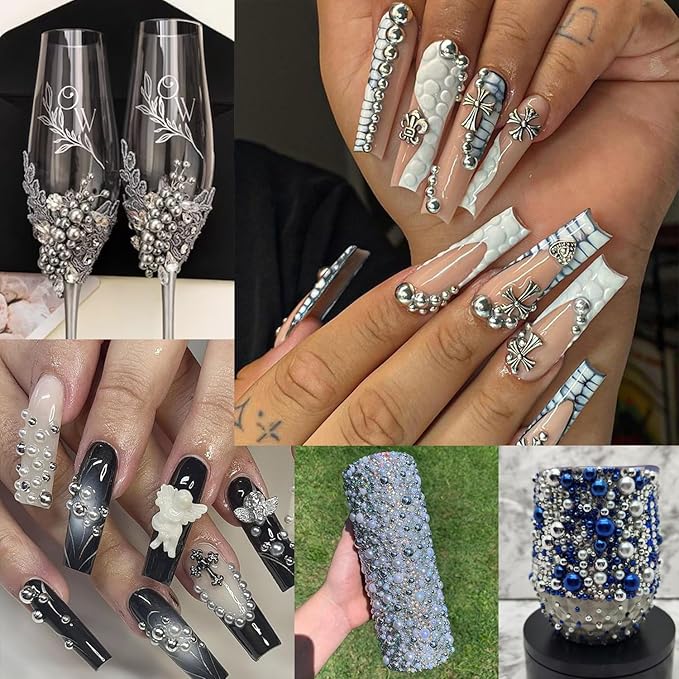 Nail Art Flat Back Half Round Pearl Kits 3, Mixed Sizes 6000 Pcs Silver Small Pearls for Nails with Picking Tools for Graduation Cap Decorations Home DIY Body Face Craft Salon Use