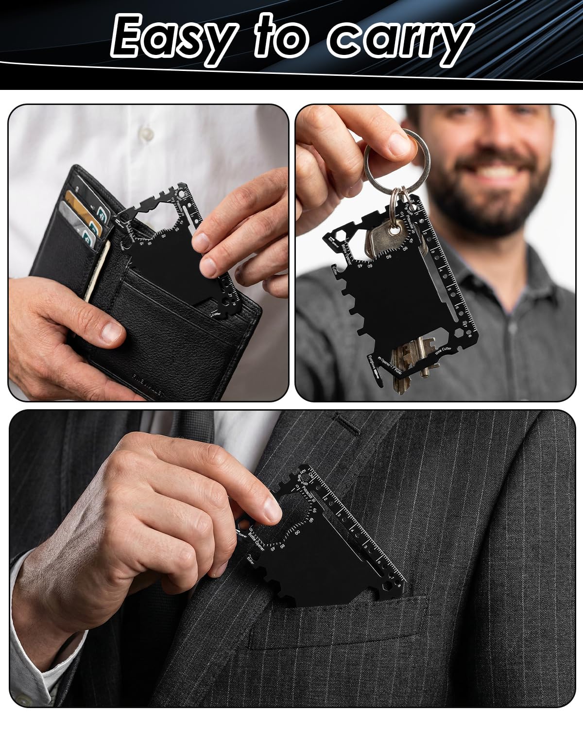 HAYVAN Credit Card Multitool - 12 Set Stainless Steel 46-in-1 Survival Tool Kit, Wallet Multitool Card with Bottle Opener for Camping Outdoor, Bulk Mens Gifts with Gift Envelopes (Black)