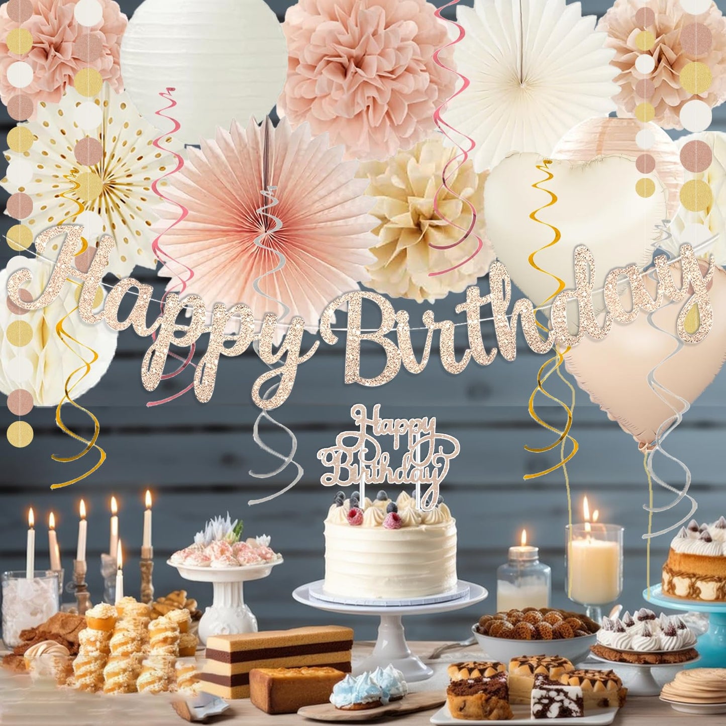 Champagne-Gold Beige Fall Boho Birthday Party Decorations 62pcs Happy Birthday Banner, Peach White Paper Lanterns, Streamers, Tissue Pom Poms, Blush Beige Boho Party Balloons, Rustic Backdrop Decor