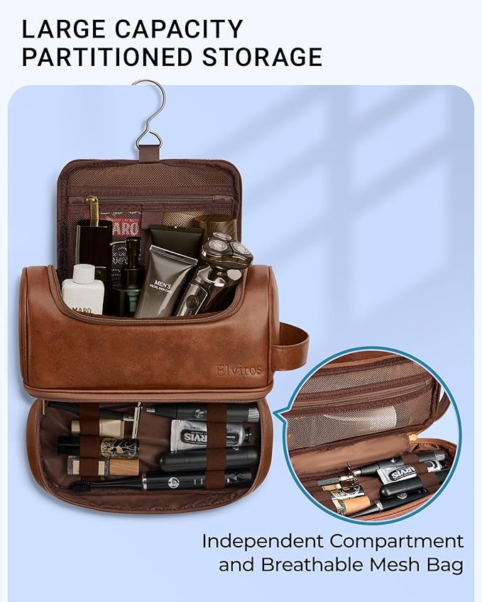 Elviros Toiletry Bag for Mens PU Leather Travel Organizer Kit with Hanging hook, Large Water-resistant Toiletries Bathroom Shaving Bags (Extra Large, Brown)