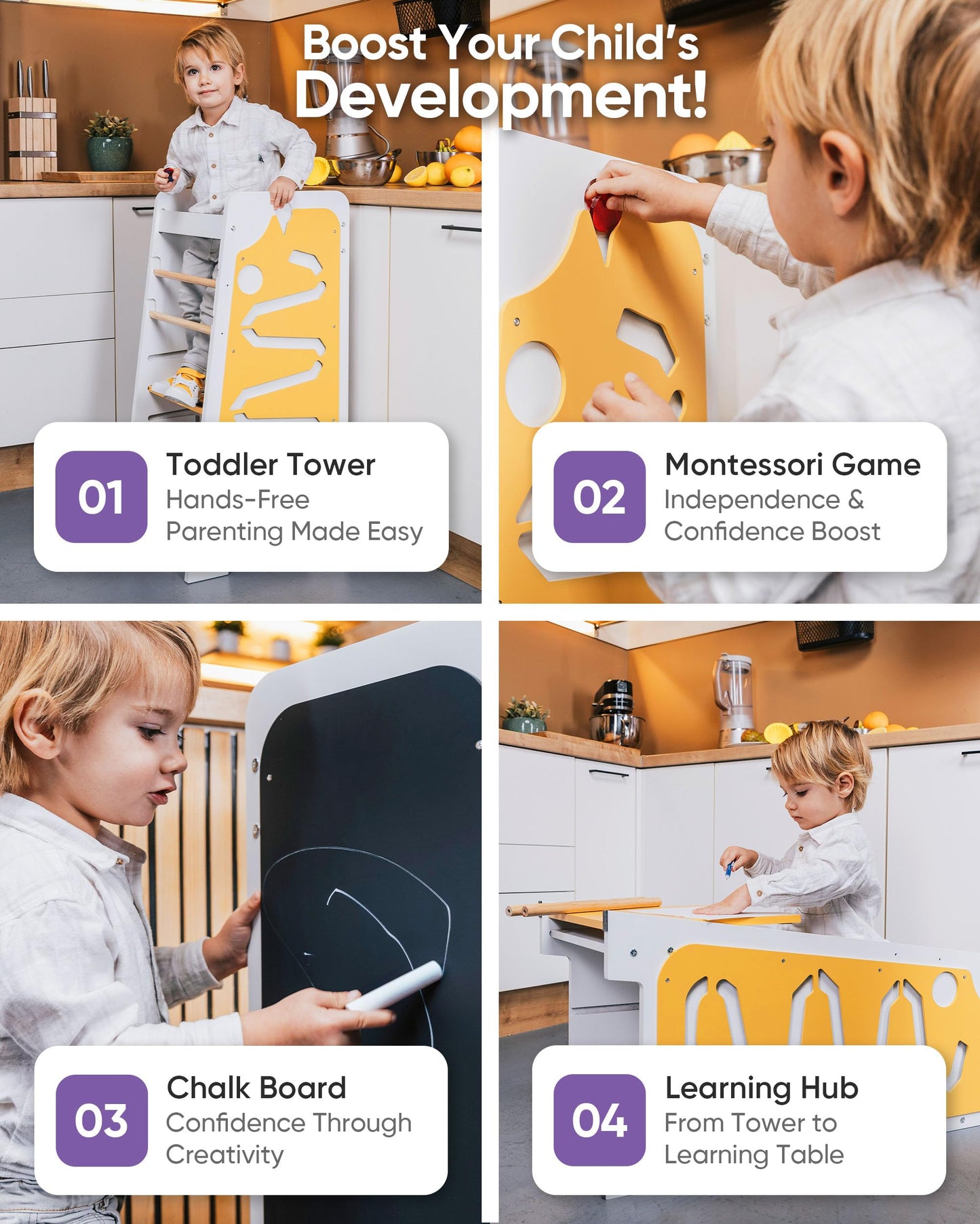 4in1 Toddler Standing Tower 3 Level Adjustable Height [Multifunctional] with Chalkboard, Montessori Inspired Games, Table & Learning Hub - Learning Tower for Kitchen from 18 Mo to 6 Yr - Ship from US