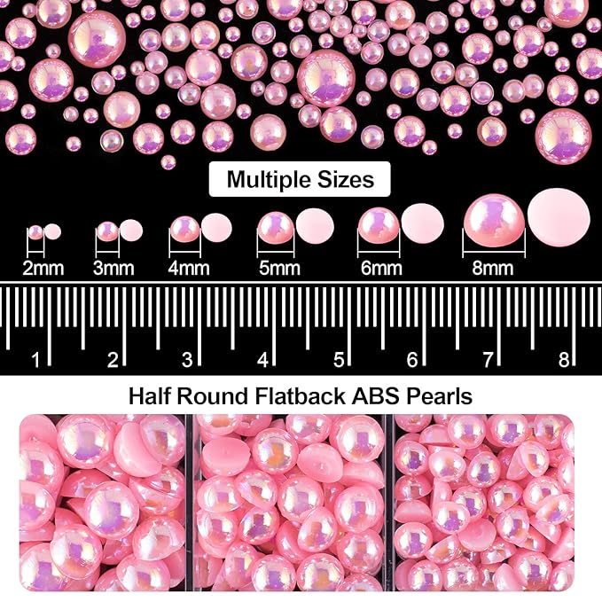 4000PCS Flatback Rhinestones and Half Round Pearls Kit #8, Multi Size Glass Clear & AB Crystals, Plastic Flat Back Light Pink AB Dome Bead with Pickup Pencil and Tweezer for Nail Art