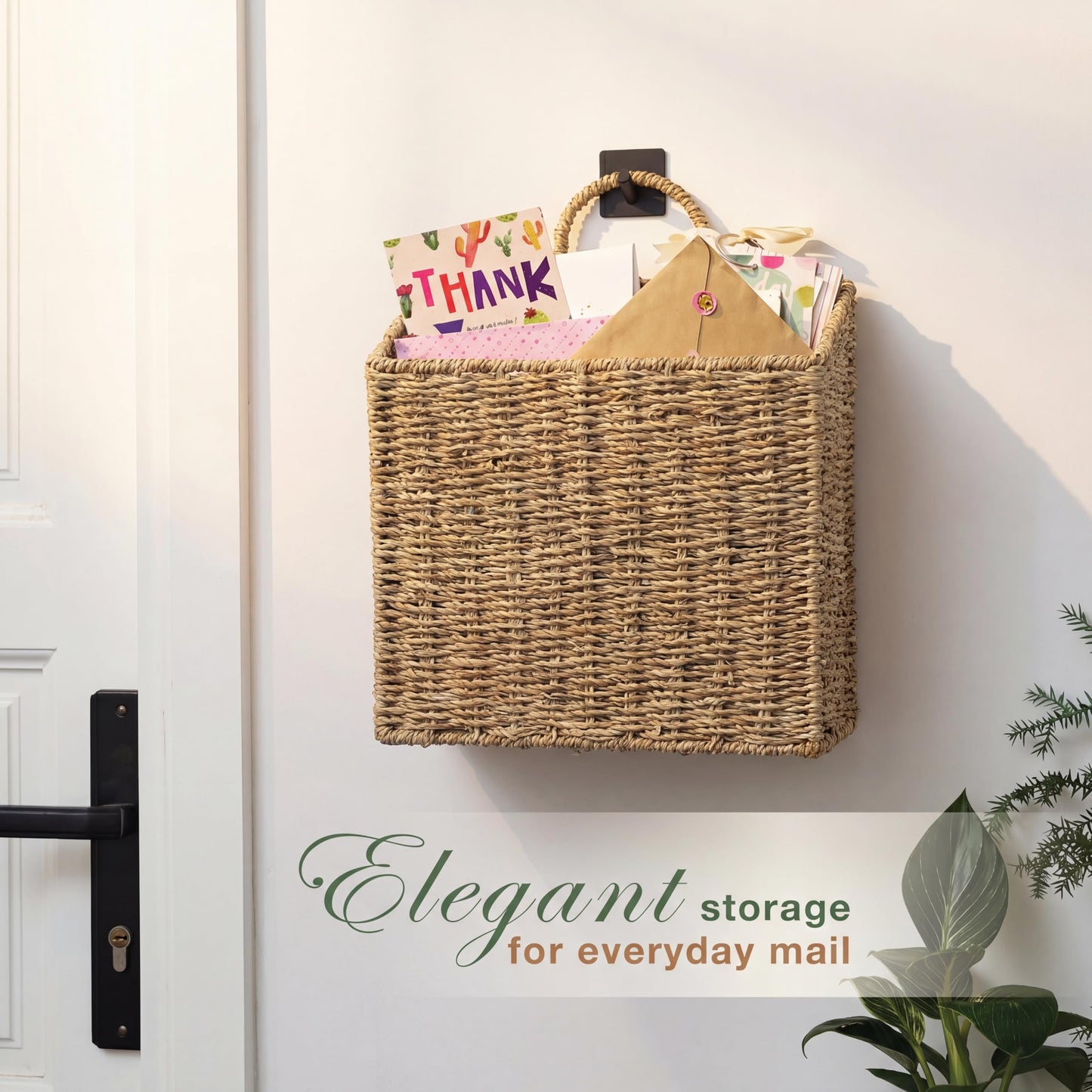 Set of 2 Wicker Hanging Basket for Organizing, Front Door, Mail, Flowers - Woven Wall Baskets for Storage (Natural Seagrass)