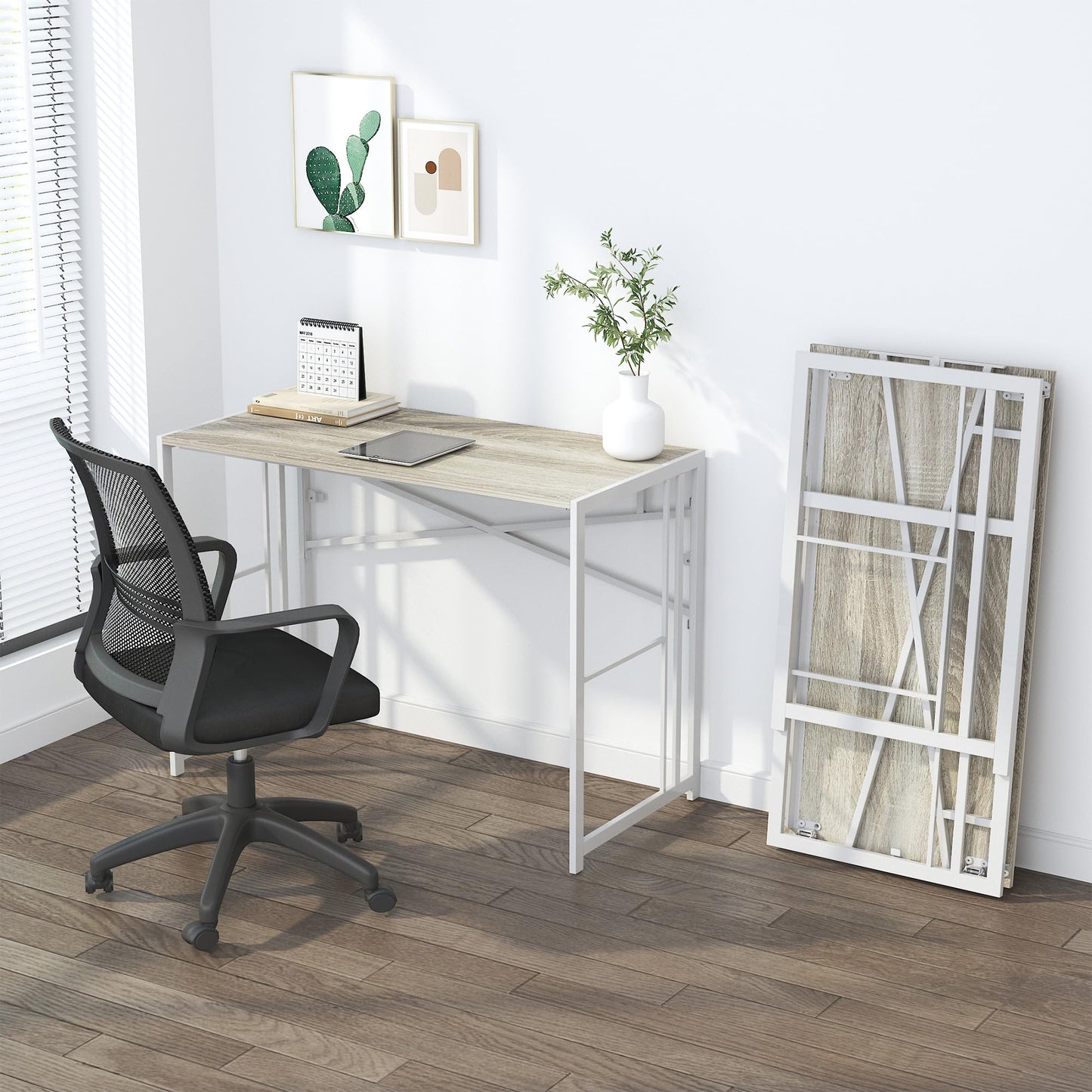 Lutown-Teen Folding Desk 40 inch Writing Gaming Computer Camping Table, No Assembly Required Home Office Desk, Beige