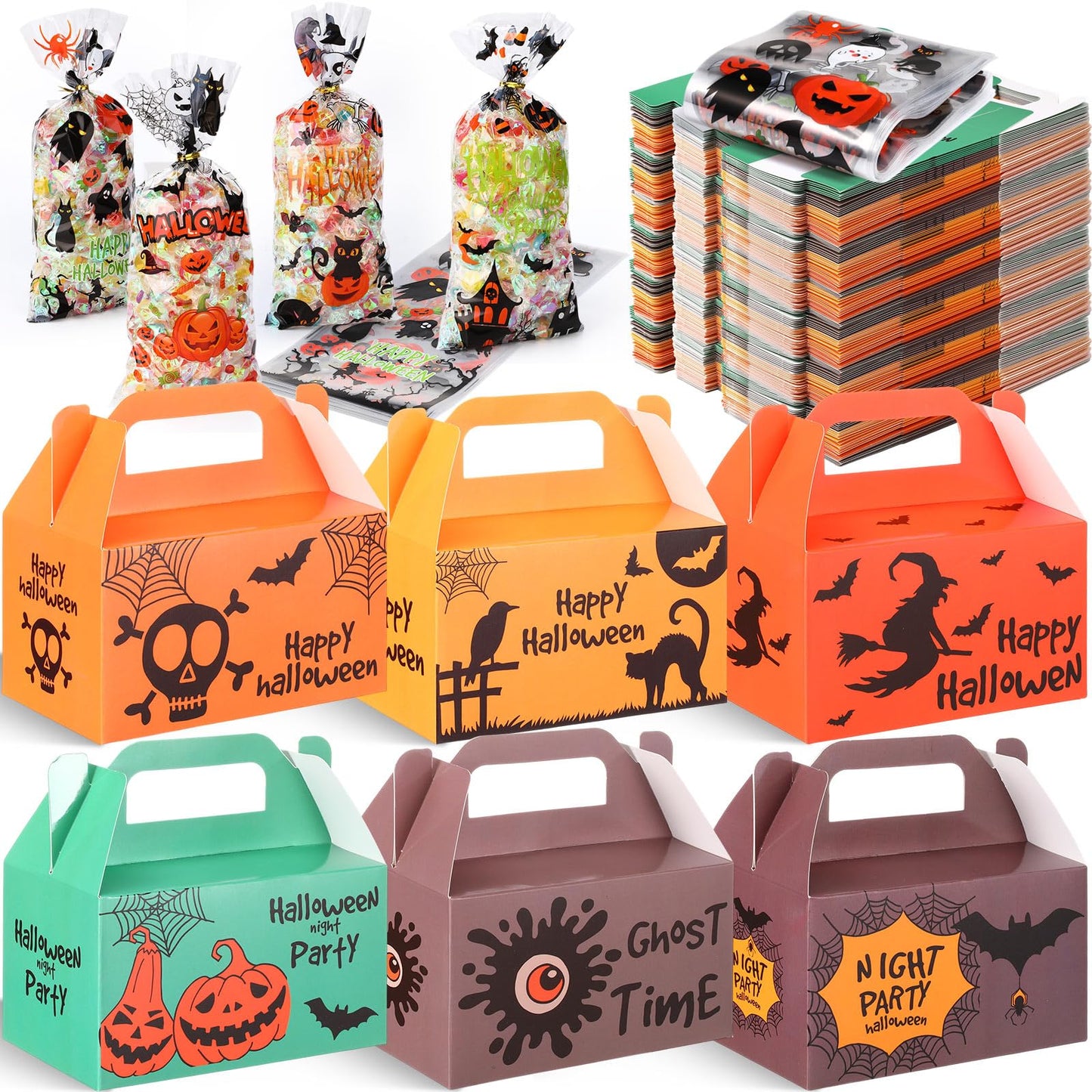 ReliThick 80 Pack Halloween Treat Box with Cellophane Bags Trick or Treat Goodie Cookie Candy Boxes for Treats Pumpkin Halloween Bag for Party