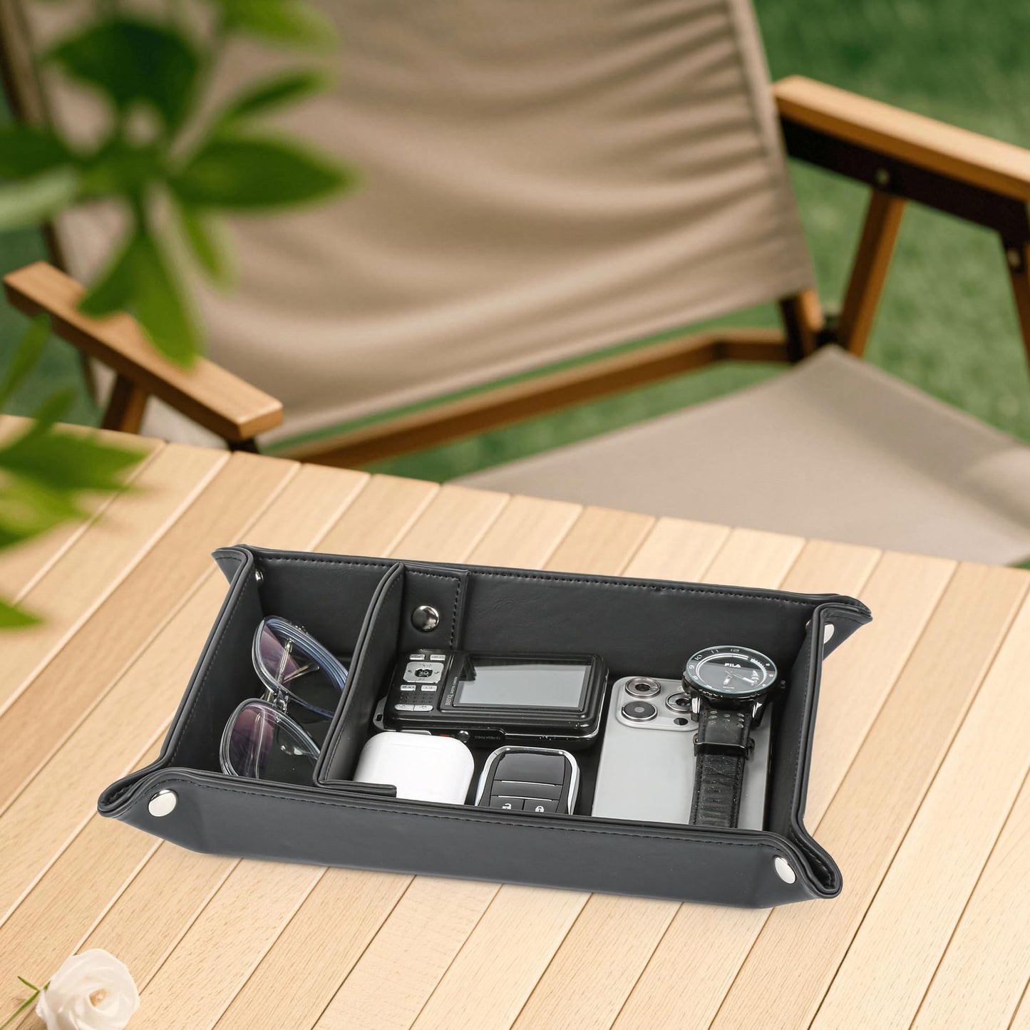 Deluxe Leather Tray Desktop Storage Organizer Watch Remote Control Jewelry Cell Phone Wallet Keychain Desktop Storage for Home, Camping Unique Gift Ideas for Men and Friends